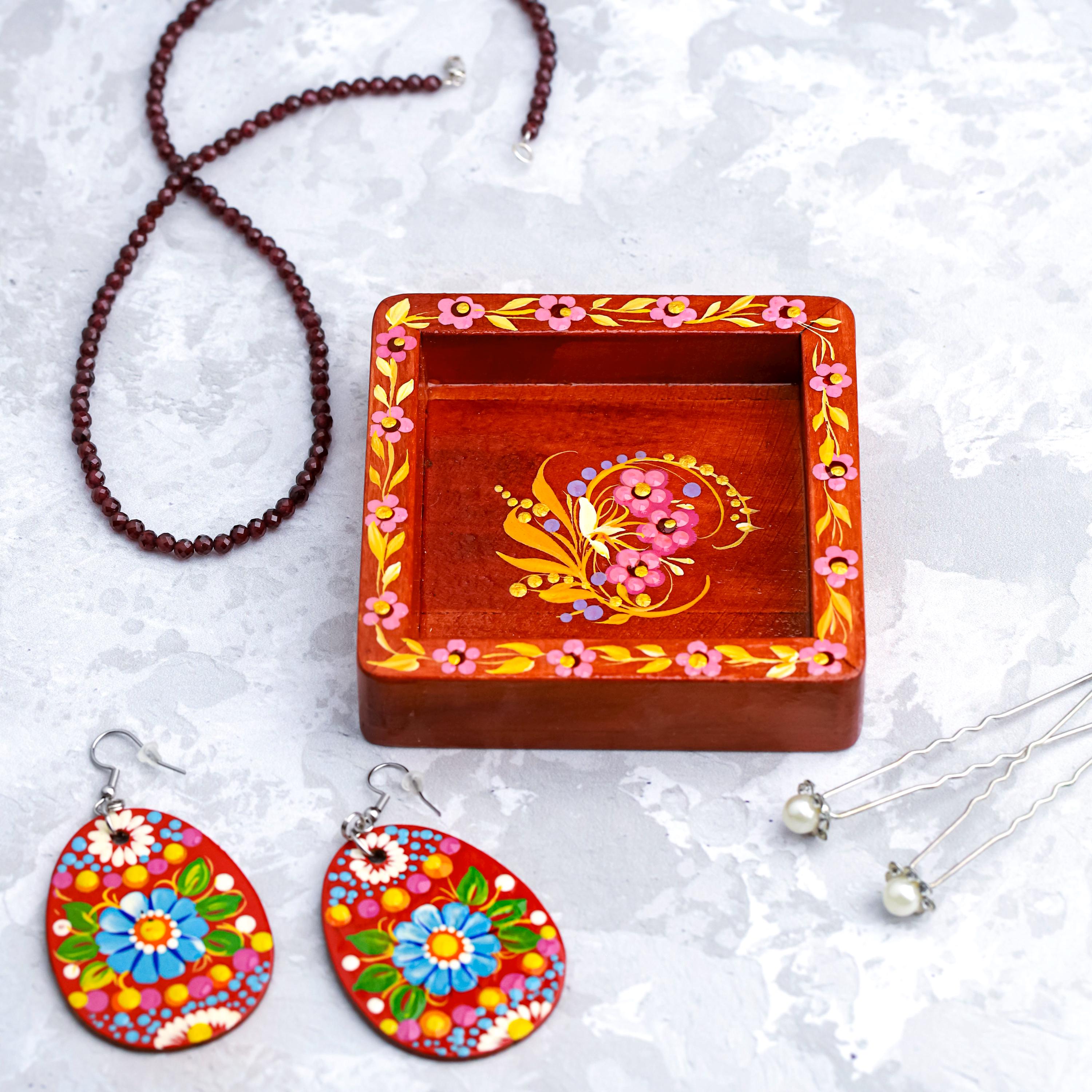 Painted Wooden Vanity Tray with Ukrainian Petrykivka Art - Red Wood Hummingbird Catch All Tray