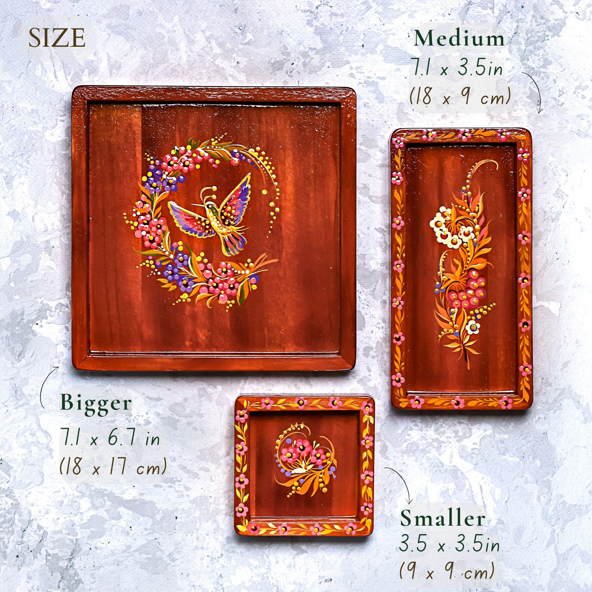 Painted Wooden Vanity Tray with Ukrainian Petrykivka Art - Red Wood Hummingbird Catch All Tray