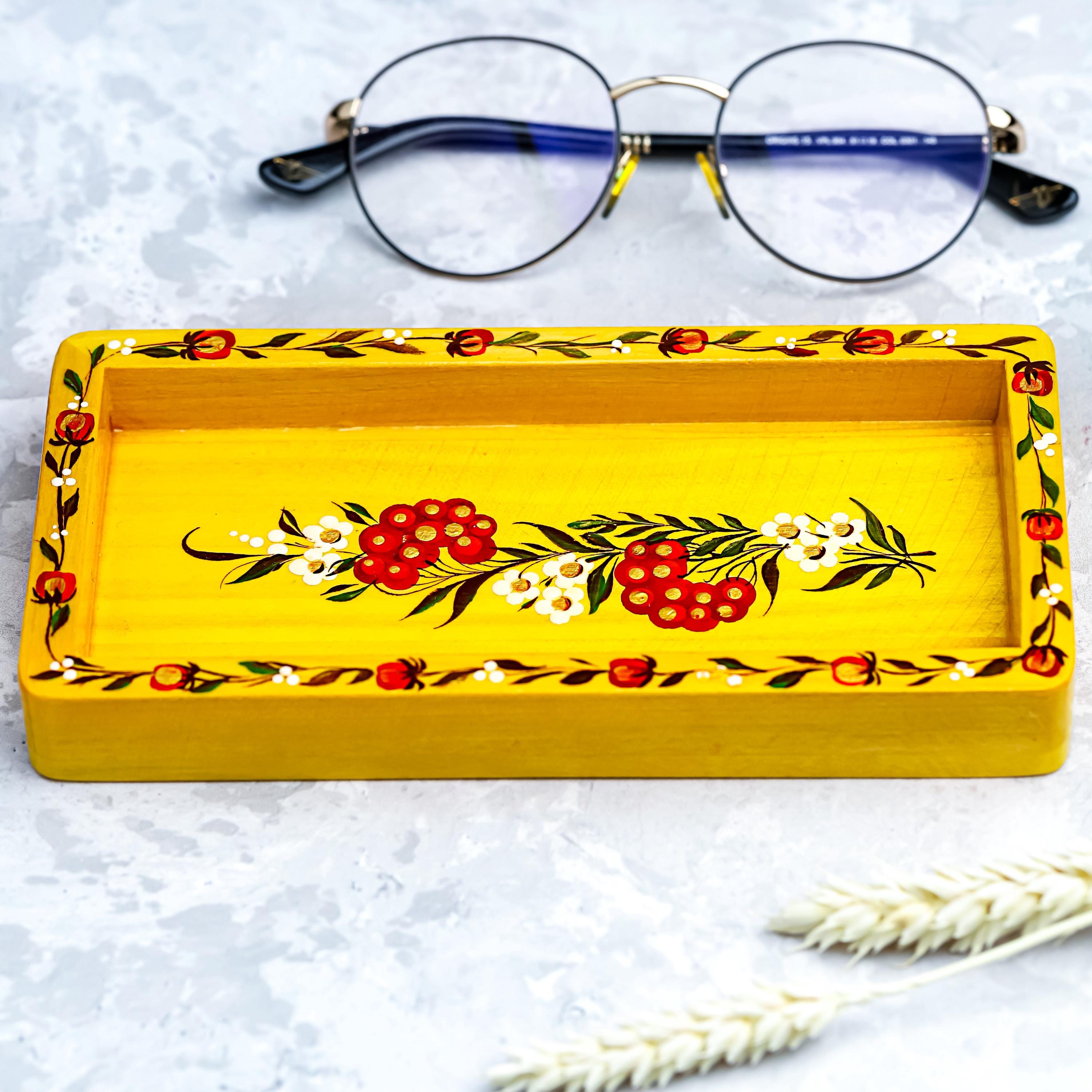 Painted Wooden Vanity Tray with Ukrainian Petrykivka Art - Yellow Flower Catch All Tray