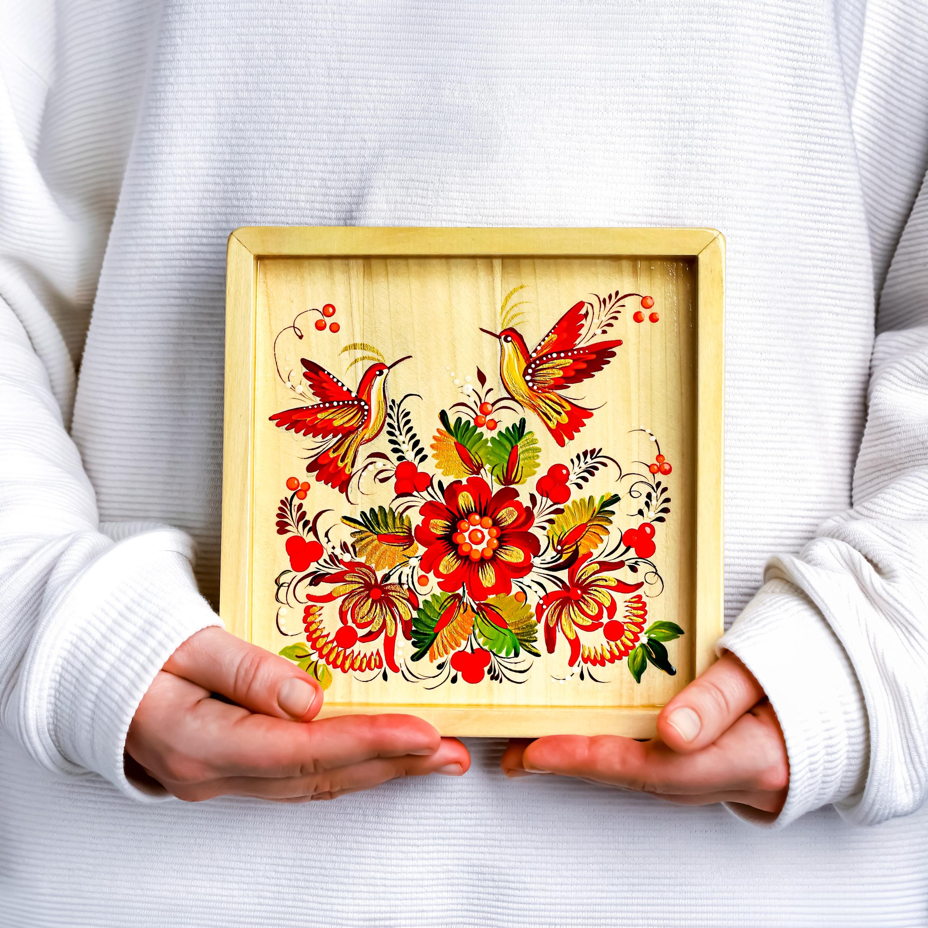 Painted Wooden Tray with Ukrainian Petrykivka Art - Hummingbird Catch All Tray