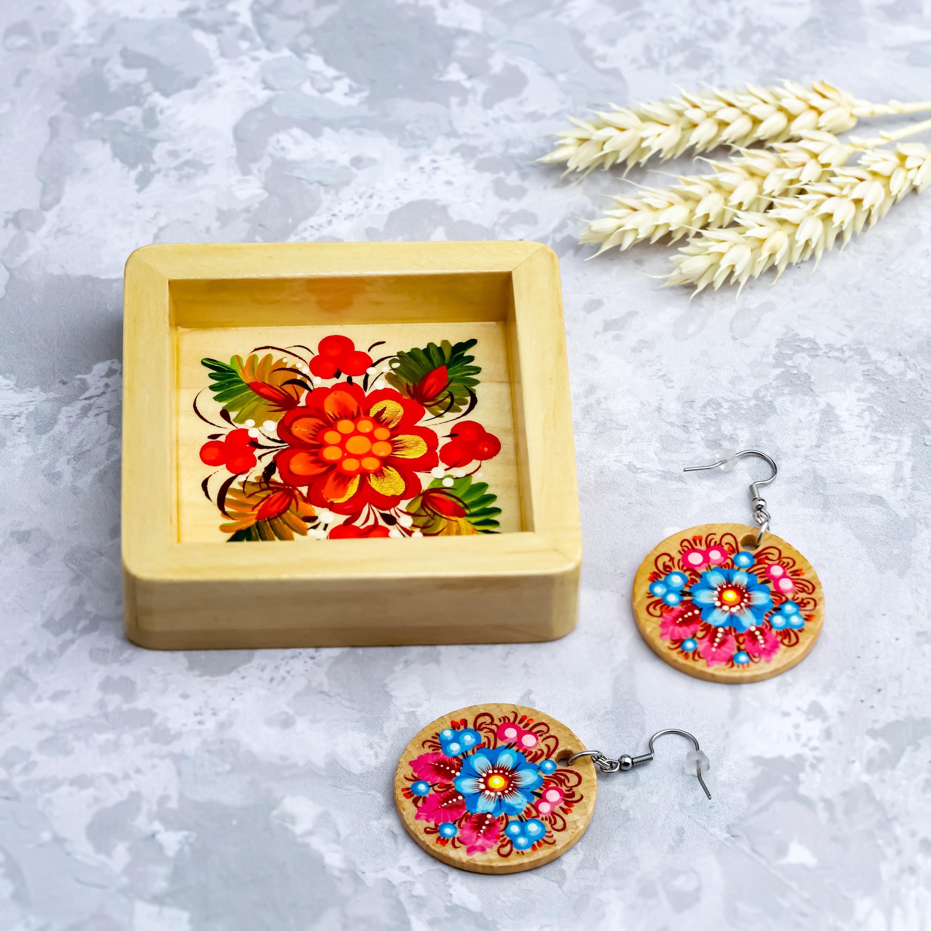 Painted Wooden Tray with Ukrainian Petrykivka Art - Hummingbird Catch All Tray