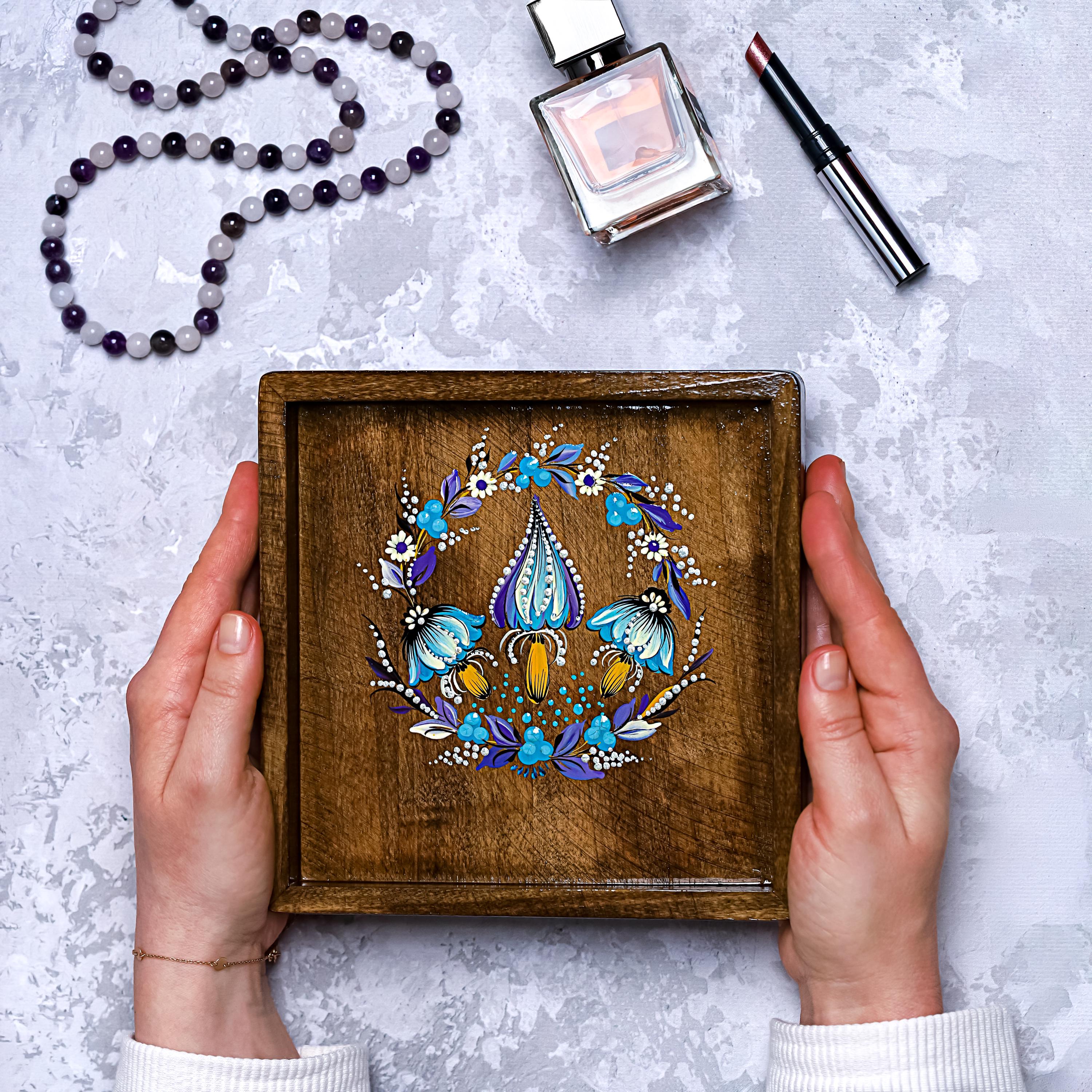 Painted Wooden Vanity Tray with Ukrainian Folk Art Petrykivka - Mushroom Catch All Tray