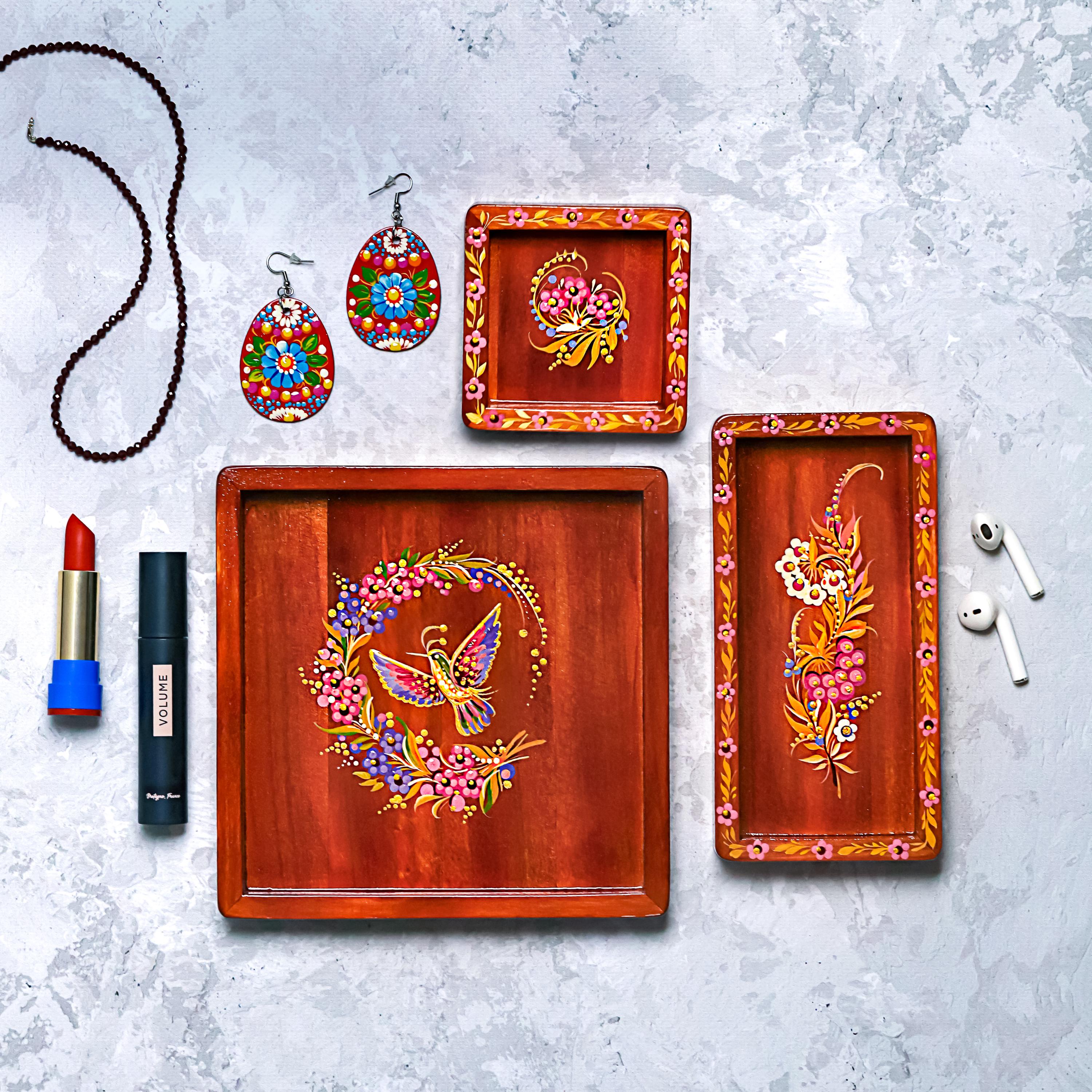 Hand-Painted Wooden Vanity Tray – Ukrainian Petrykivka Hummingbird Cherry Blossom Tray