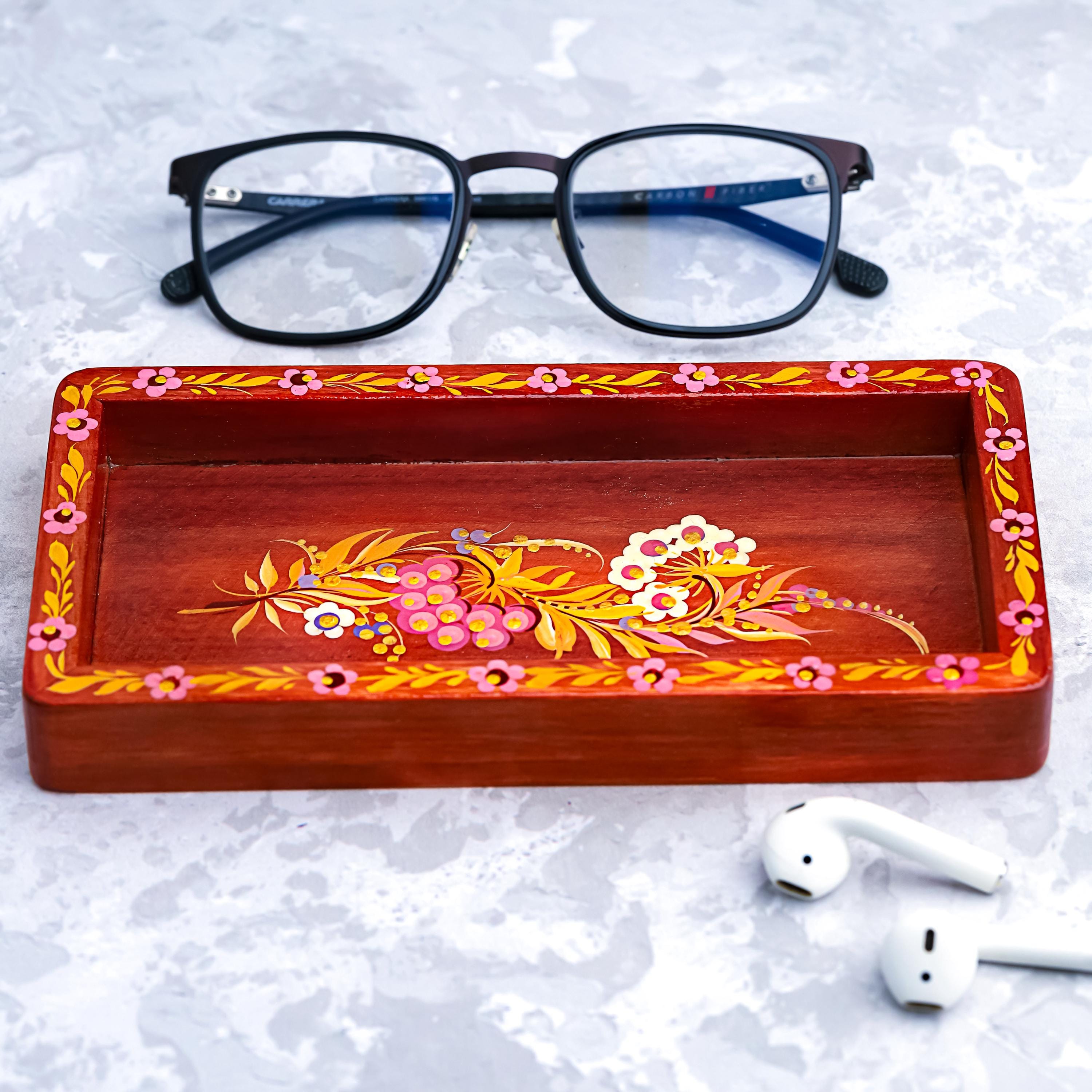 Painted Wooden Tray with Ukrainian Petrykivka Folk Art - Flower Catch All Tray