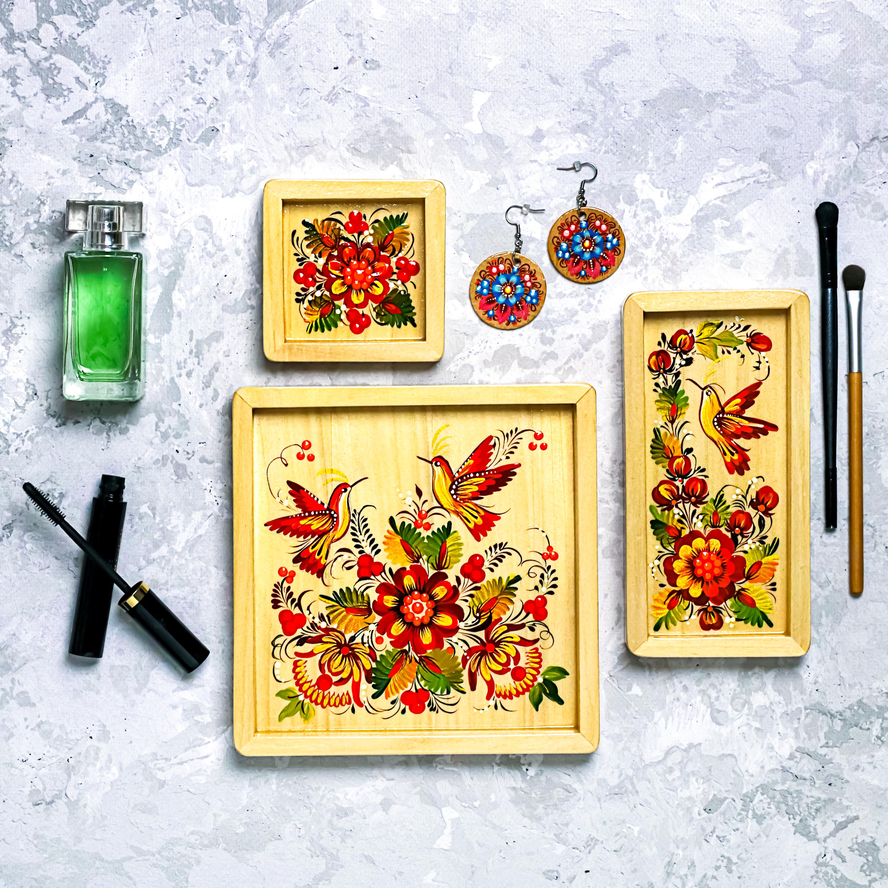 Painted Wooden Vanity Tray with Ukrainian Petrykivka Art - Hummingbird & Flower Valet Tray