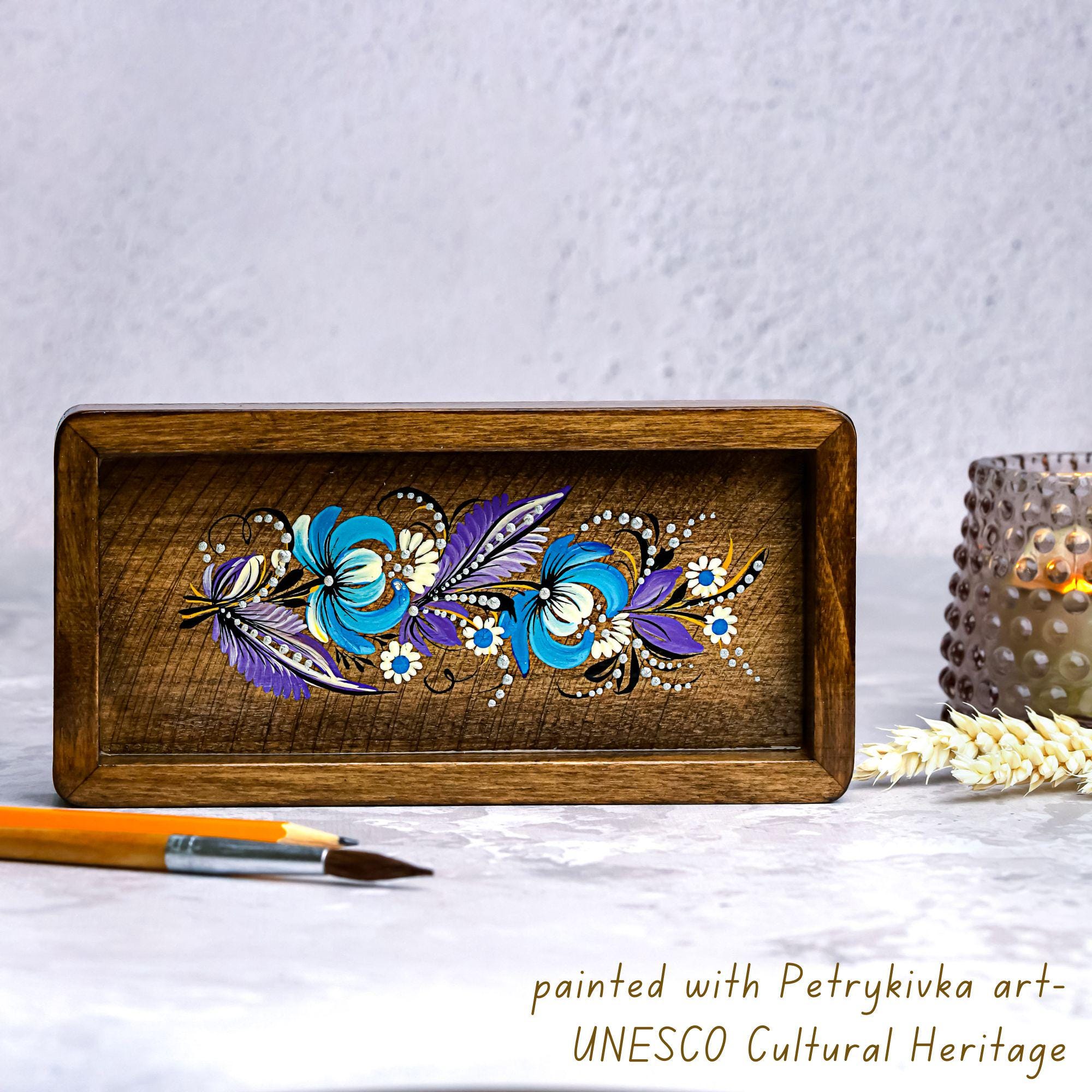 Painted Wooden Vanity Tray with Ukrainian Petrykivka Art - Dark Wood Blue Mushroom Catch All Tray