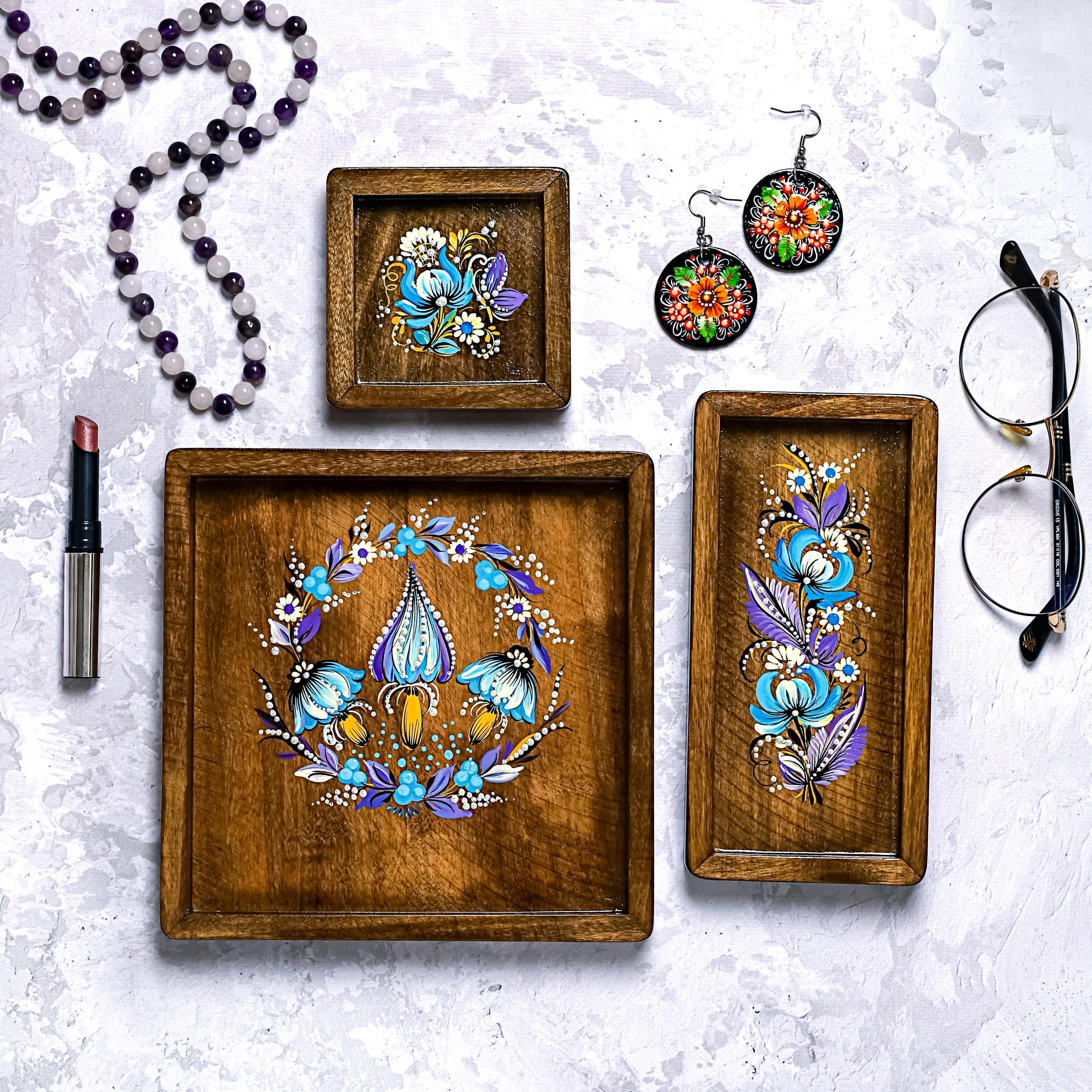 Painted Wooden Vanity Tray with Ukrainian Petrykivka Art - Dark Wood Blue Mushroom Catch All Tray