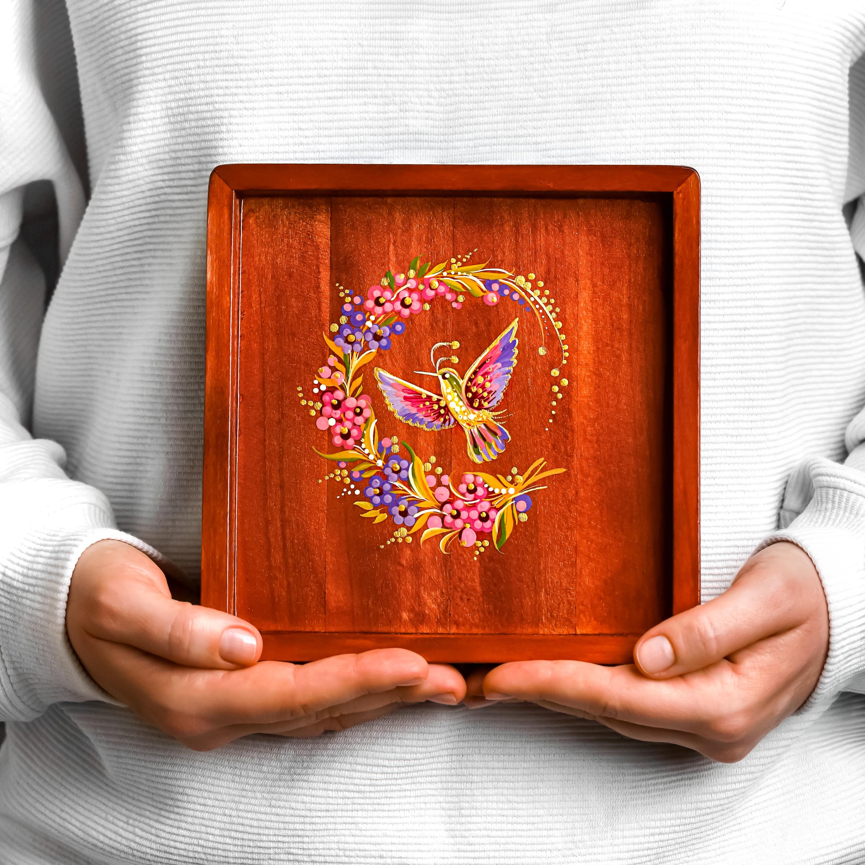 Painted Wooden Vanity Tray with Ukrainian Petrykivka Art - Red Wood Hummingbird Catch All Tray
