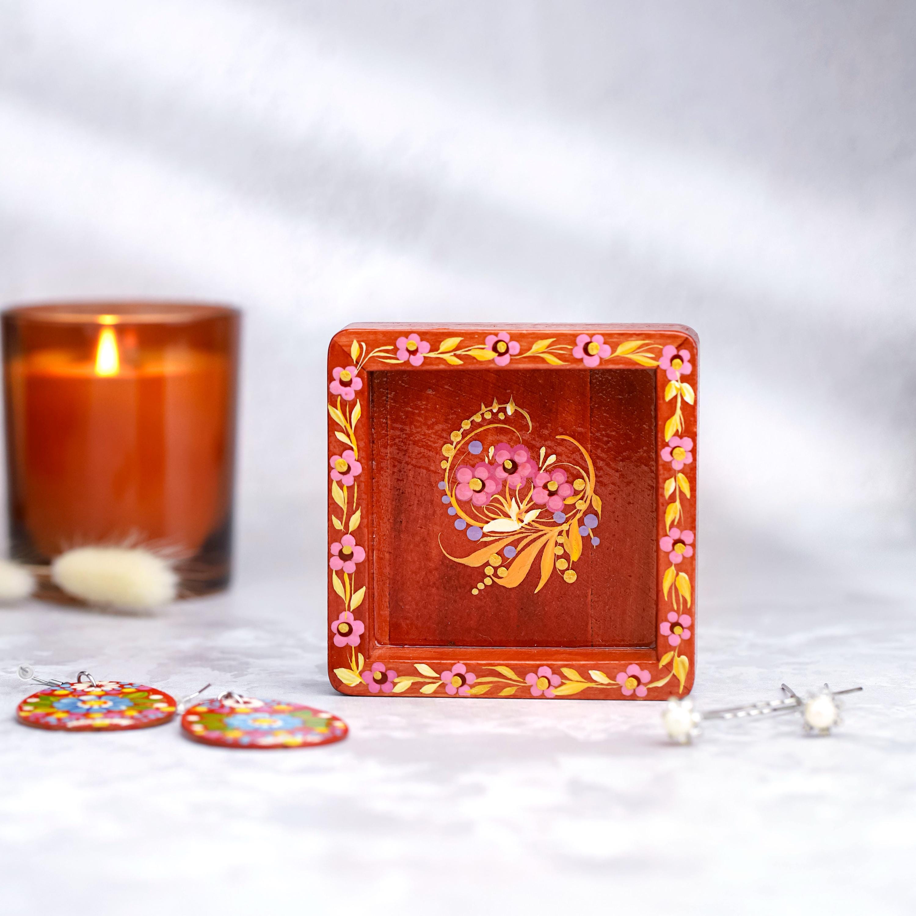 Painted Wooden Vanity Tray with Ukrainian Petrykivka Art - Red Wood Hummingbird Catch All Tray