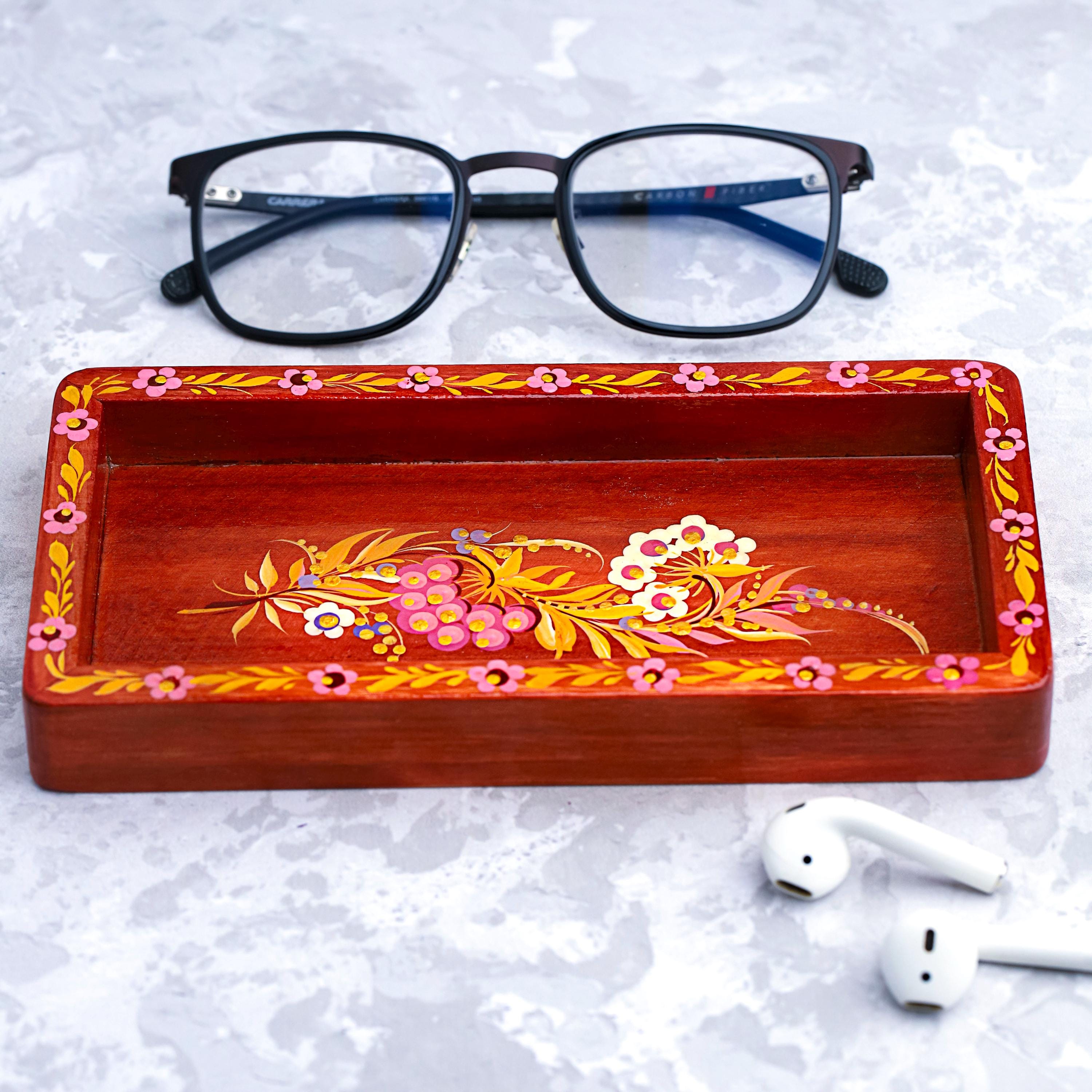 Painted Wooden Vanity Tray with Ukrainian Petrykivka Art - Red Wood Hummingbird Catch All Tray