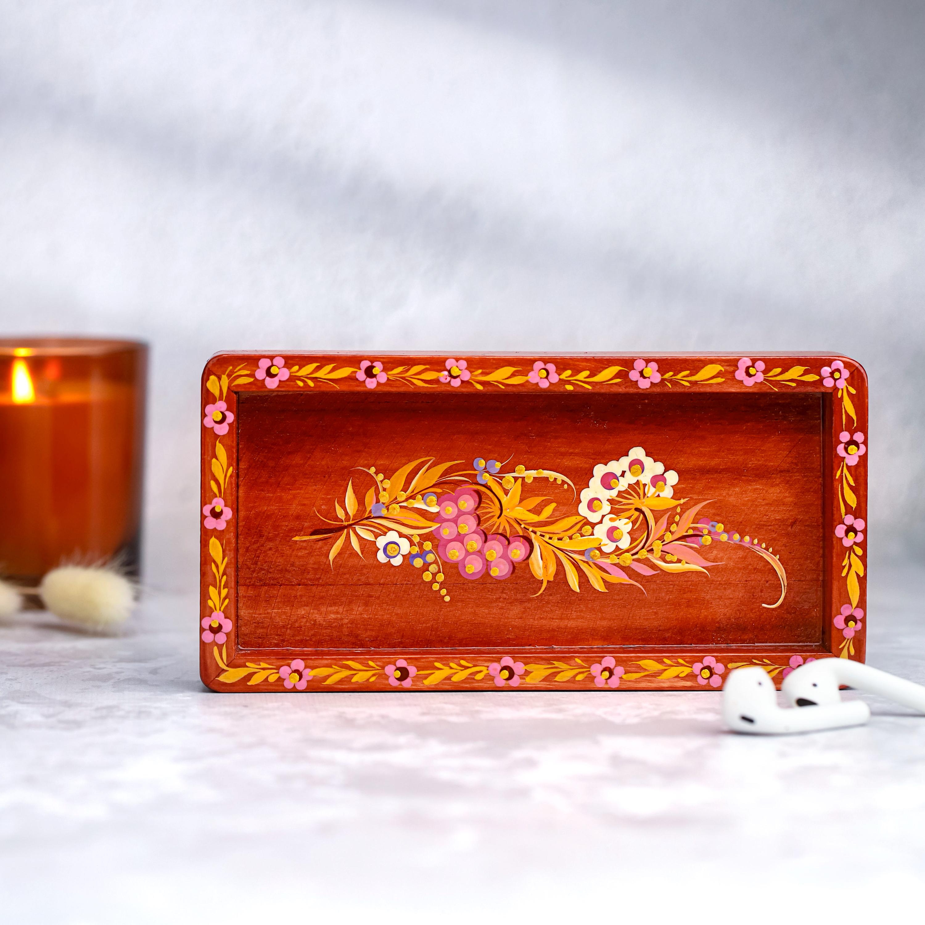 Painted Wooden Vanity Tray with Ukrainian Petrykivka Art - Red Wood Hummingbird Catch All Tray