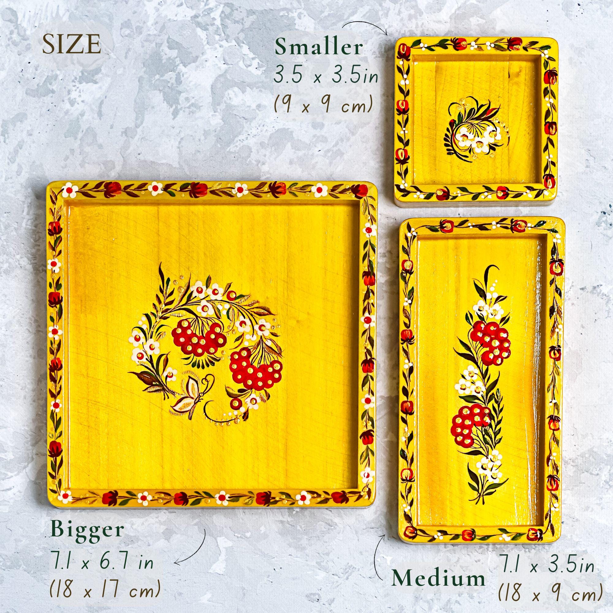 Painted Wooden Vanity Tray with Ukrainian Petrykivka Art - Yellow Flower Catch All Tray