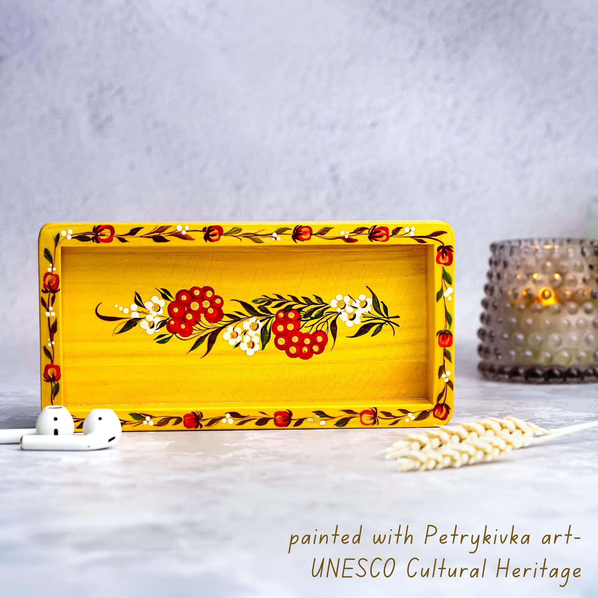 Painted Wooden Vanity Tray with Ukrainian Petrykivka Art - Yellow Flower Catch All Tray