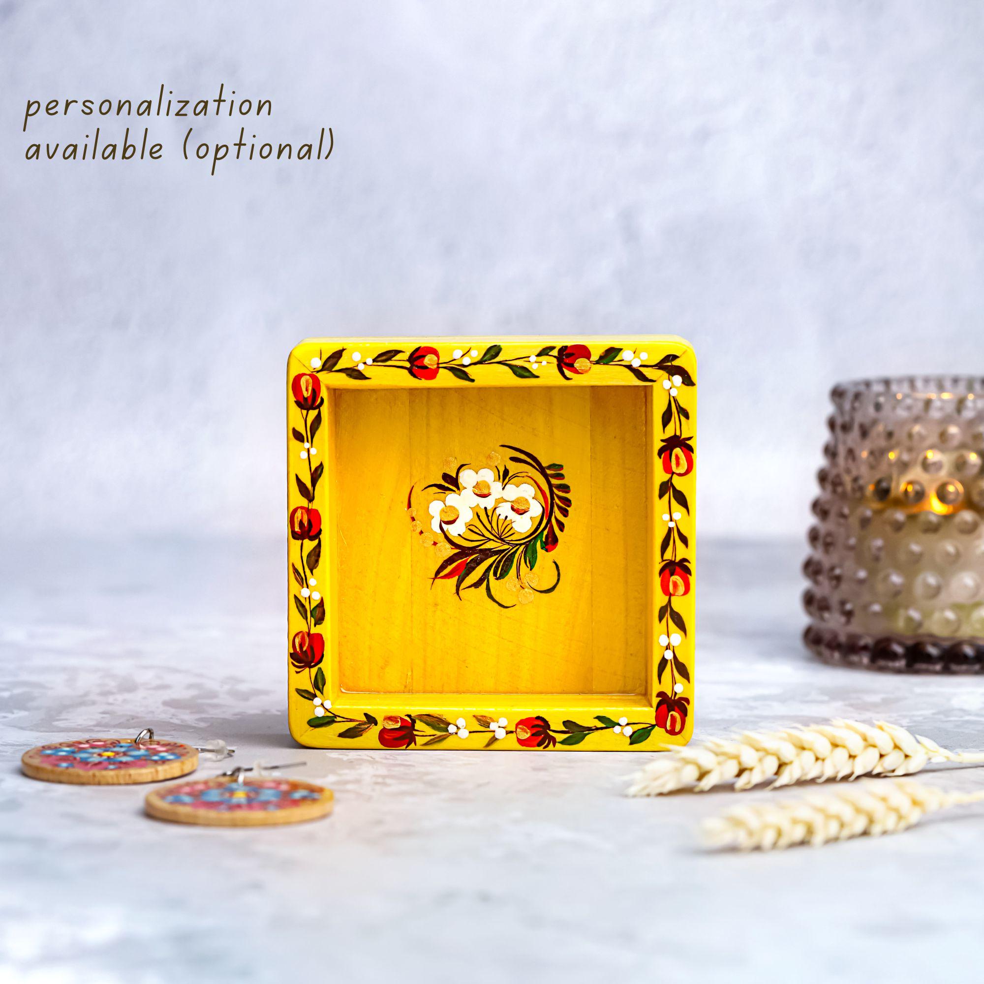 Painted Wooden Decorative Tray with Ukrainian Petrykivka Art - Yellow Flower Catch All Tray