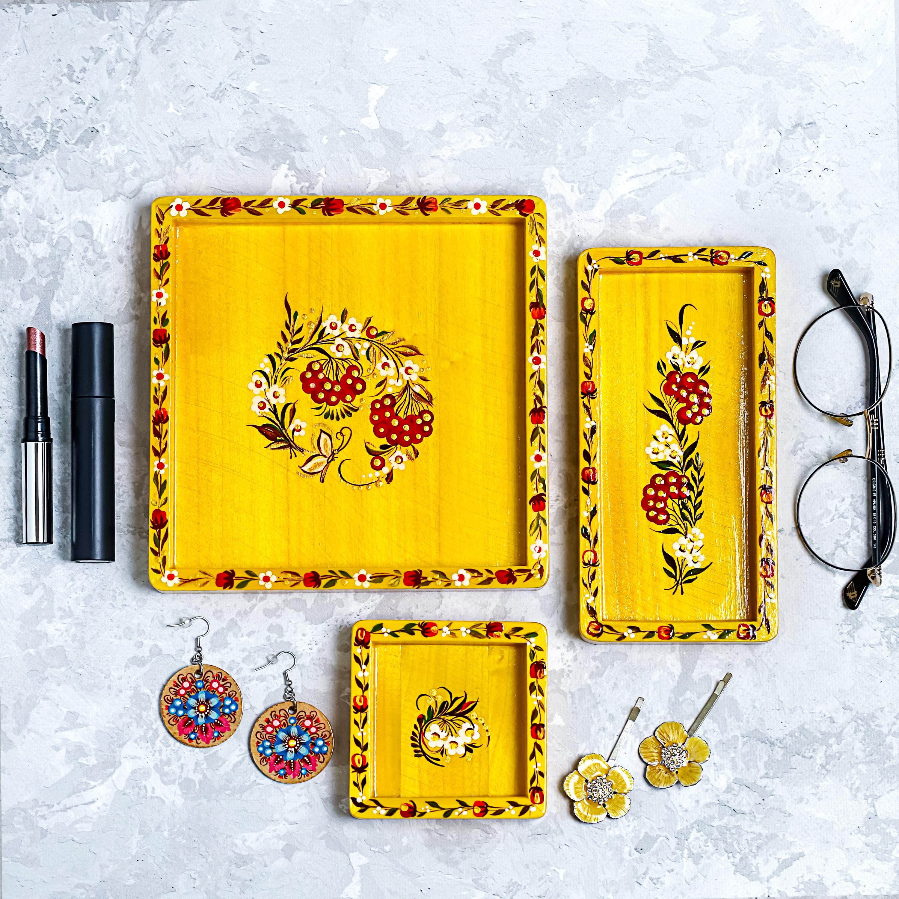 Painted Wooden Vanity Tray with Ukrainian Petrykivka Art - Yellow Flower Catch All Tray