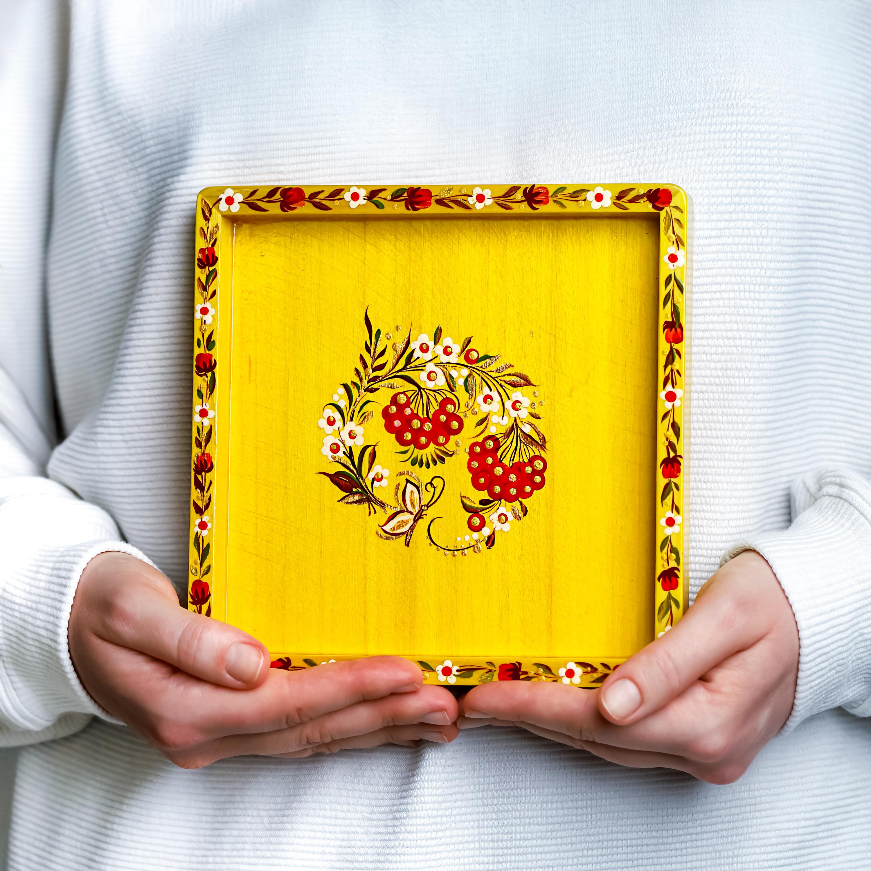 Painted Wooden Vanity Tray with Ukrainian Petrykivka Art - Yellow Flower Catch All Tray