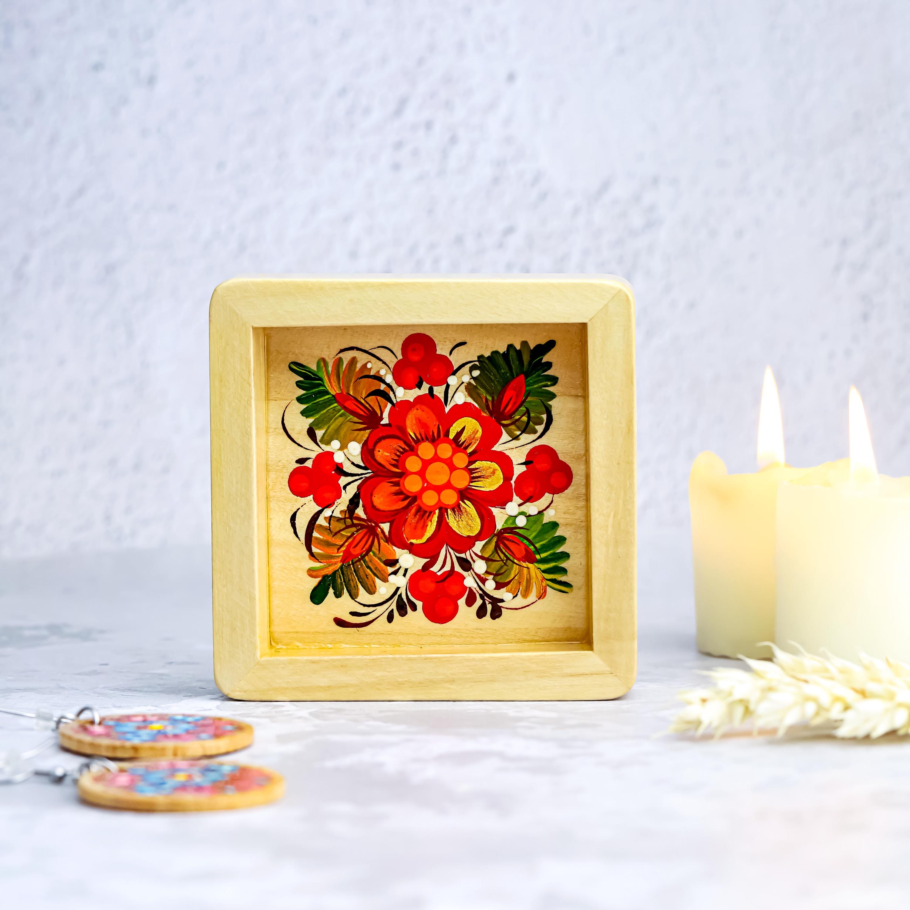 Painted Wooden Tray with Ukrainian Petrykivka Art - Hummingbird Catch All Tray