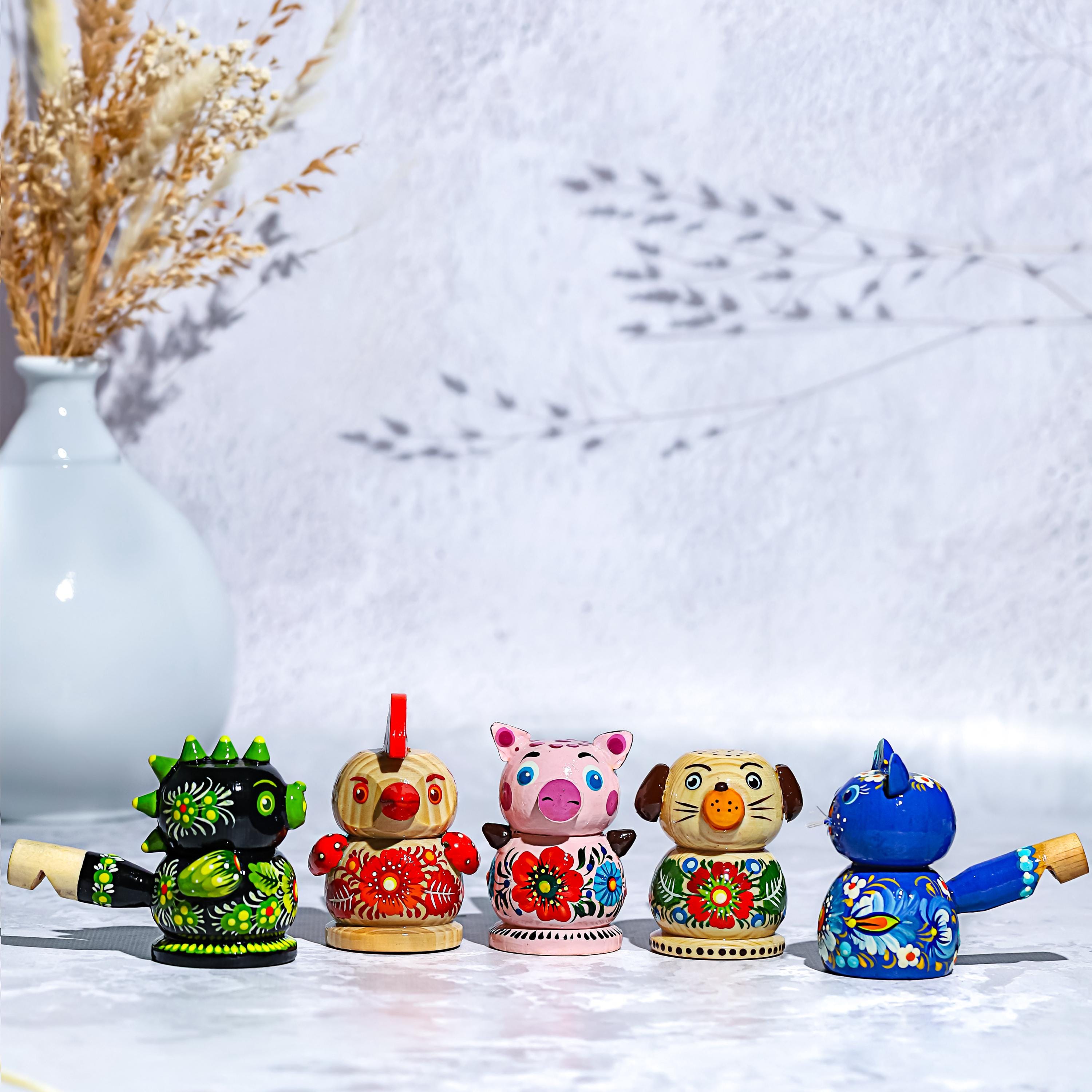 Painted Wooden Whistle Animal Figurine – Ukrainian Petrykivka Folk Art Whistle Toy