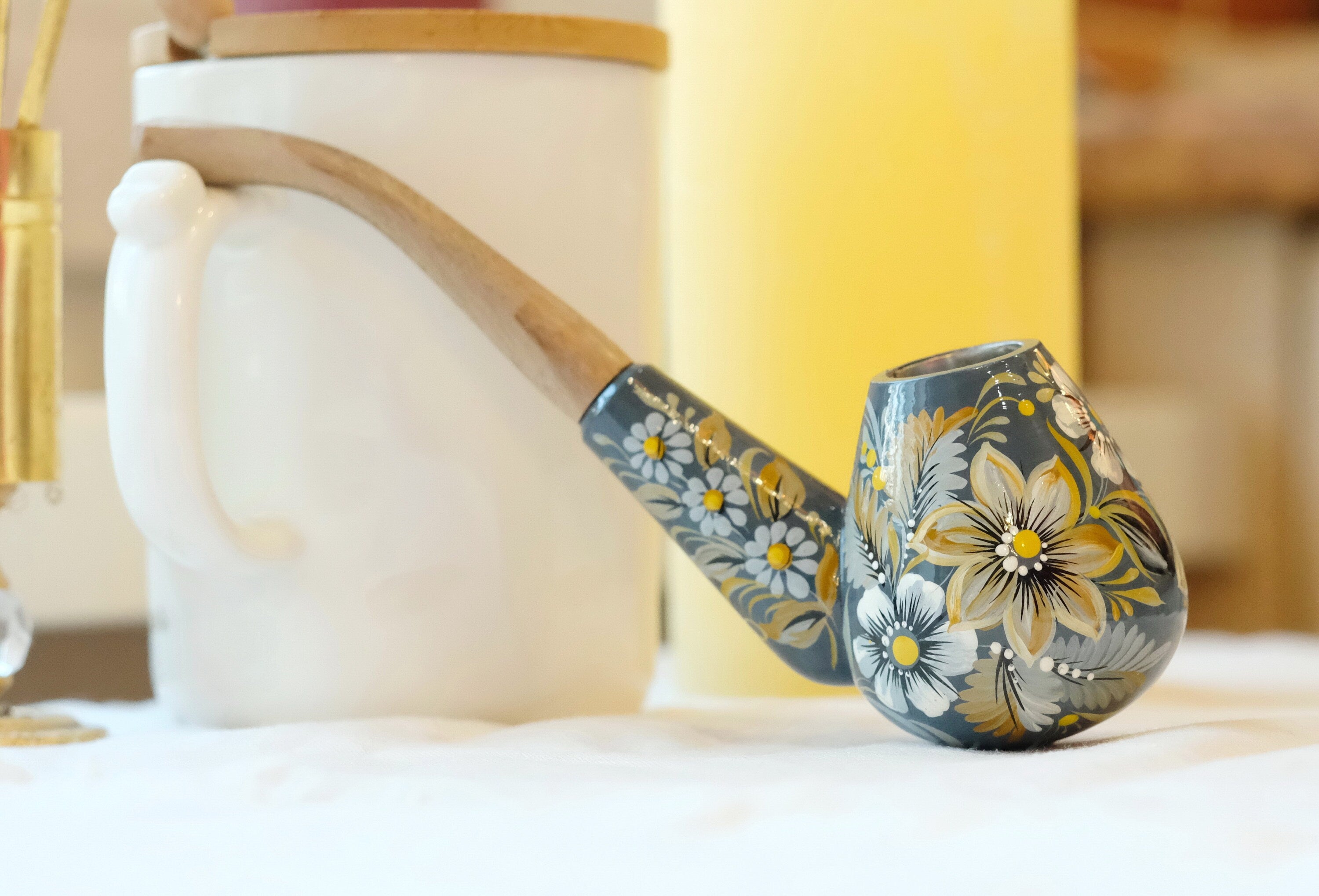 Painted Wooden Gray Smoking Pipe - Tobacco Pipe with Ukrainian Folk Art Petrykivka