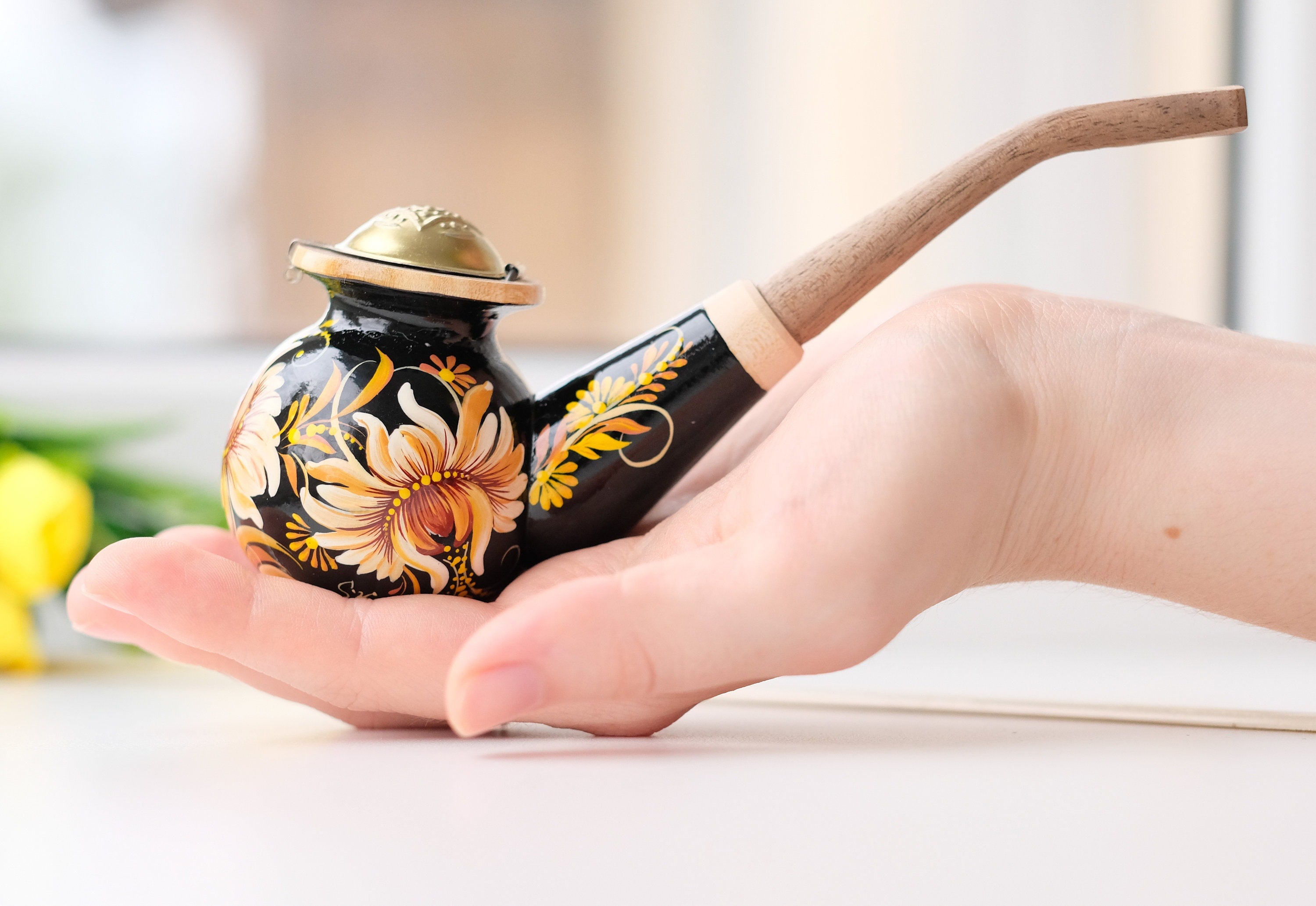 Painted Wooden Smoking Pipe with Lid - Beige Flower Tobacco Pipe with Ukrainian Folk Art Petrykivka