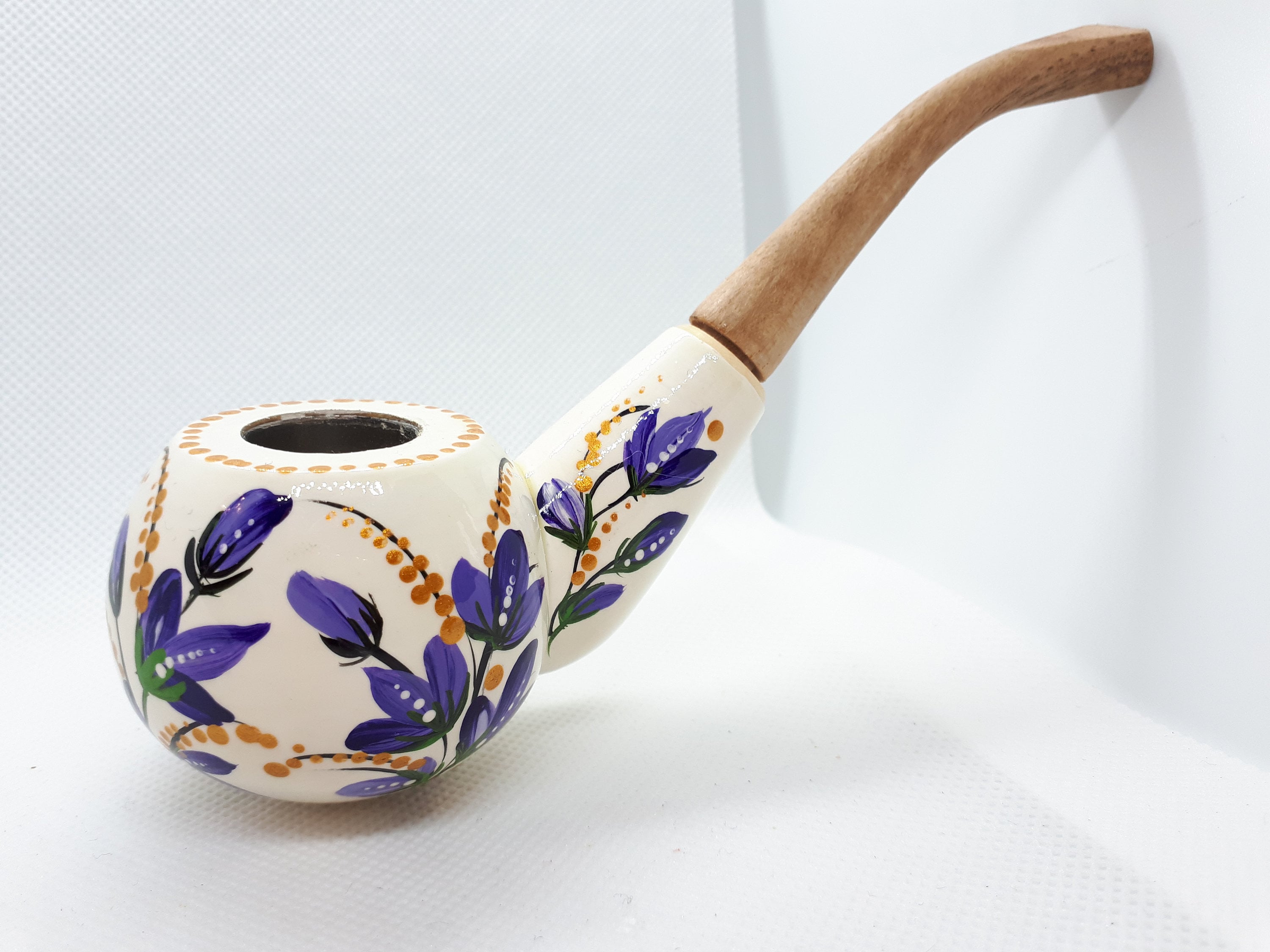 Painted Lily of the Valley Smoking Pipe - Wooden Tobacco Pipe with Ukrainian Folk Art Petrykivka