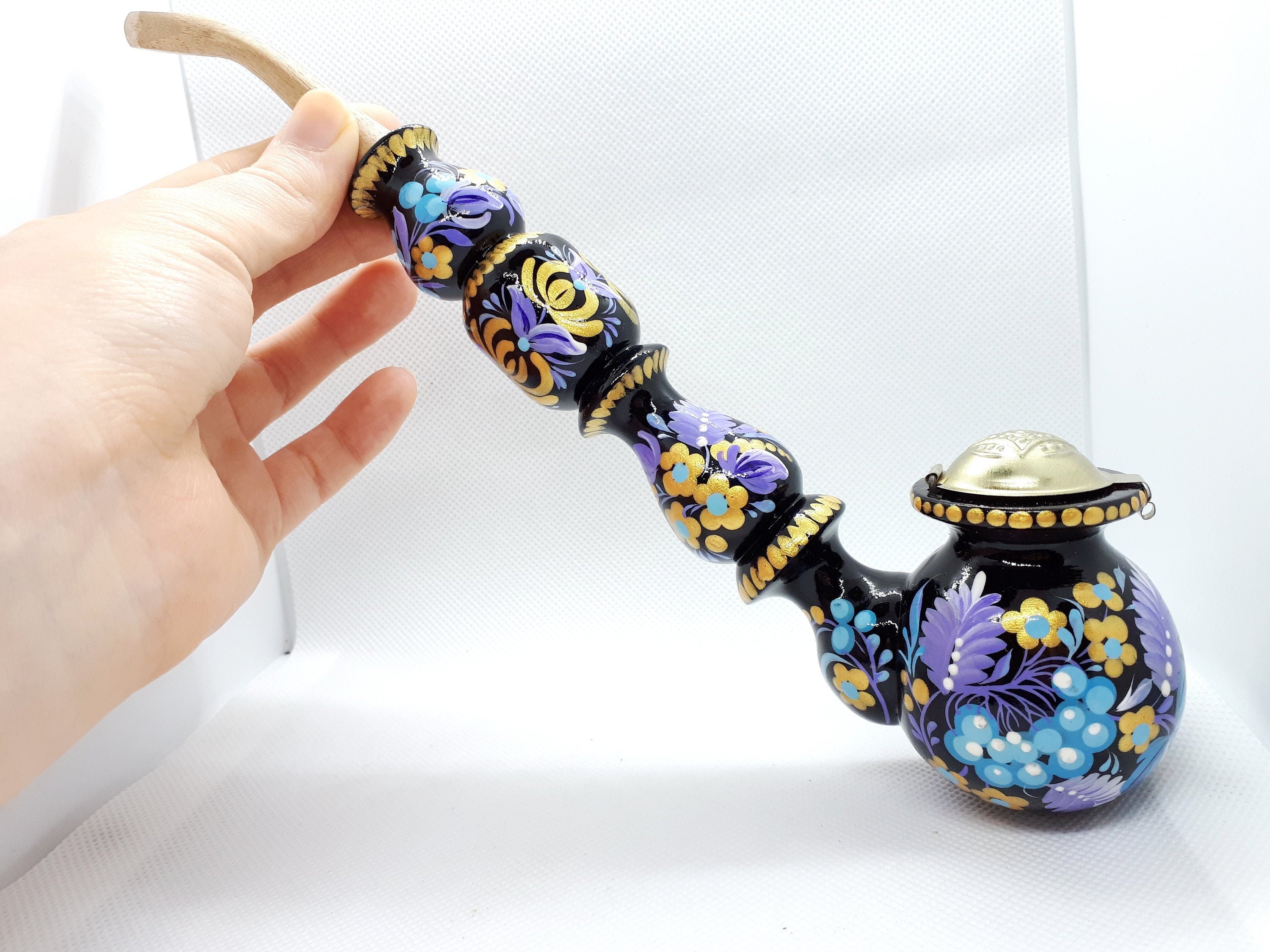 Long Wooden Smoking Pipe with Lid - Painted Ukrainian Folk Art Petrykivka Tobacco Pipe