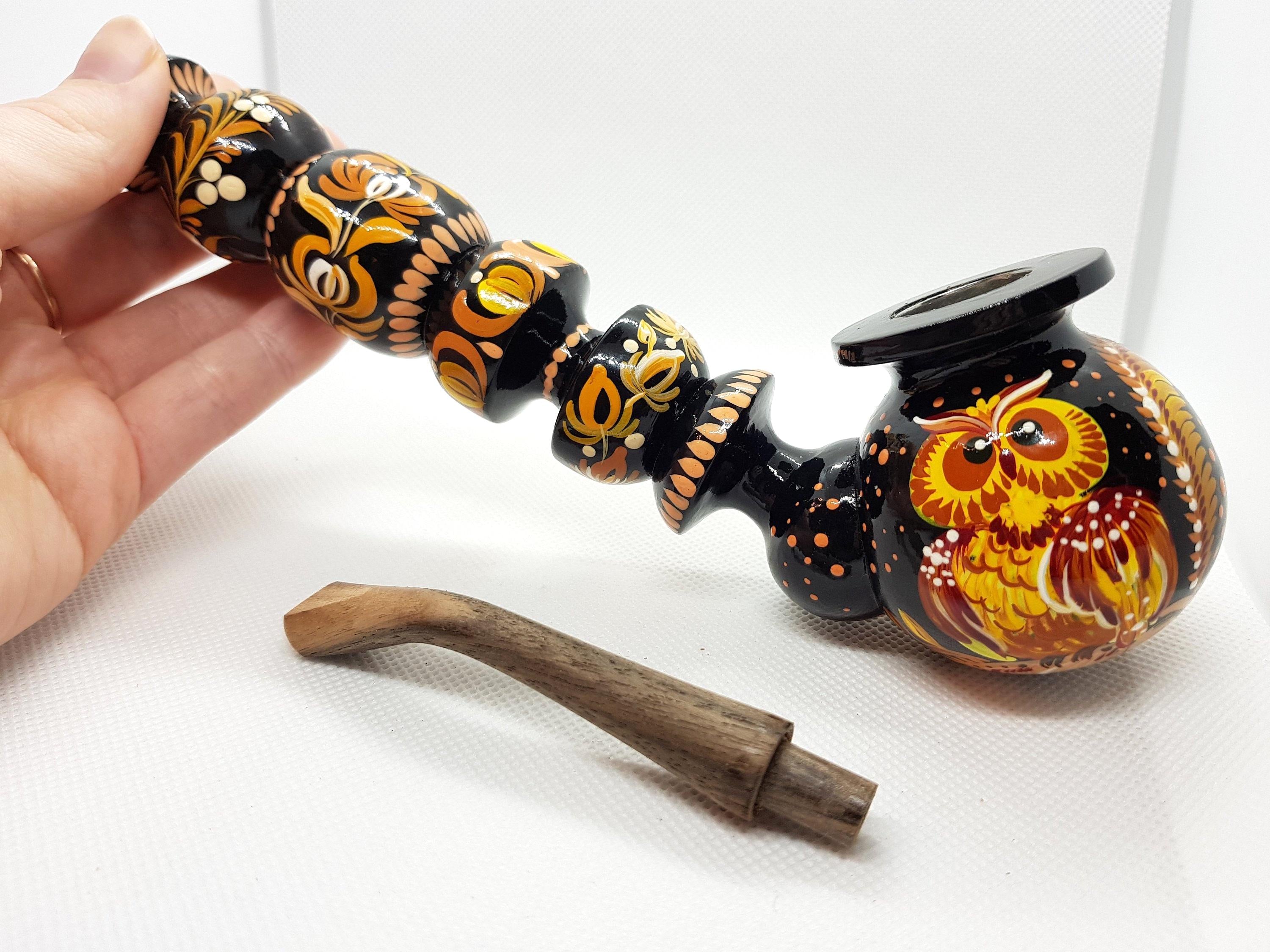 Hand-Painted Long Smoking Pipe - Wooden Owl Tobacco Pipe with Ukrainian Folk Art Petrykivka