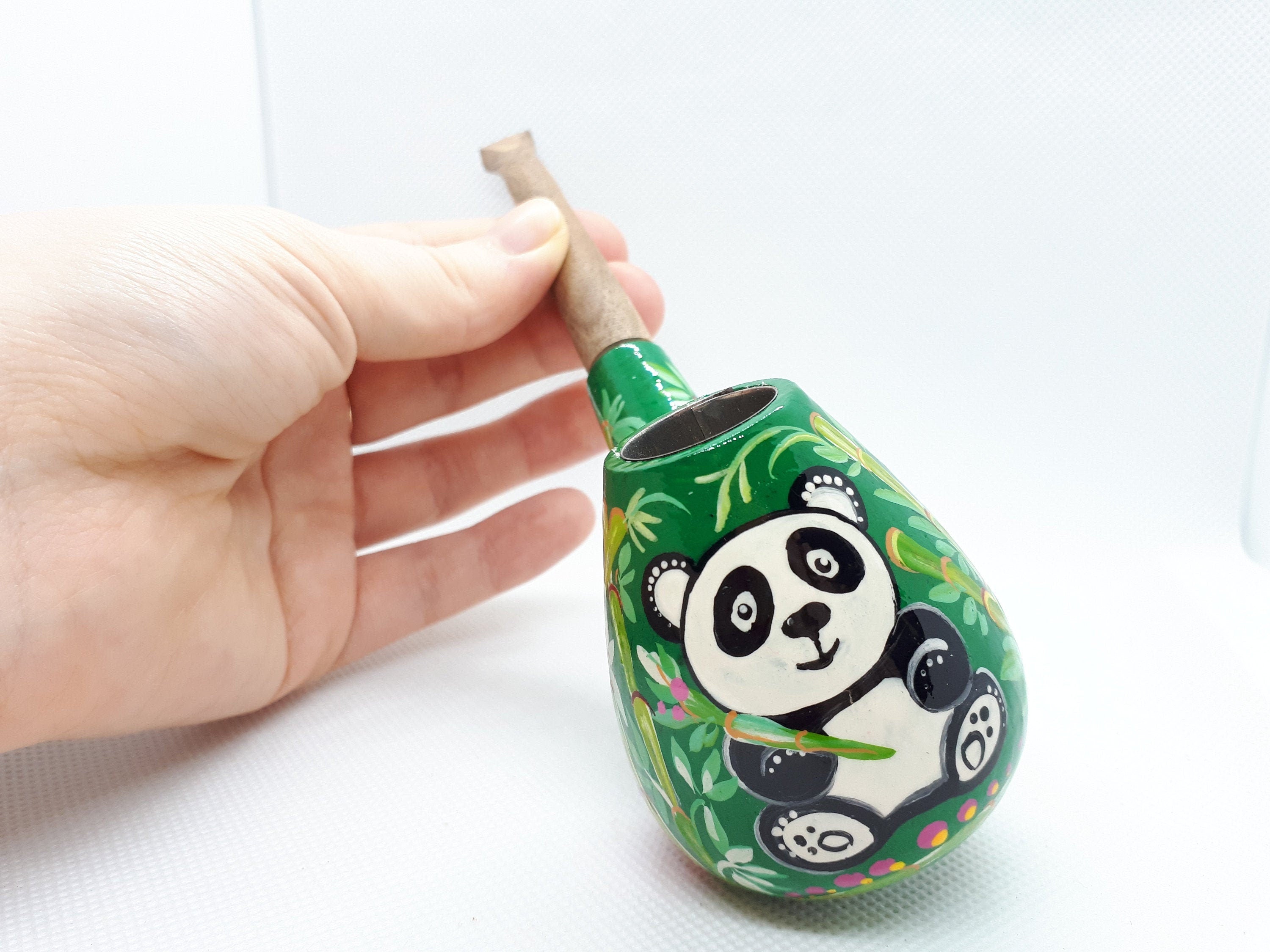 Painted Wooden Smoking Pipe - Panda in Tropics Tobacco Pipe Handmade in Ukraine