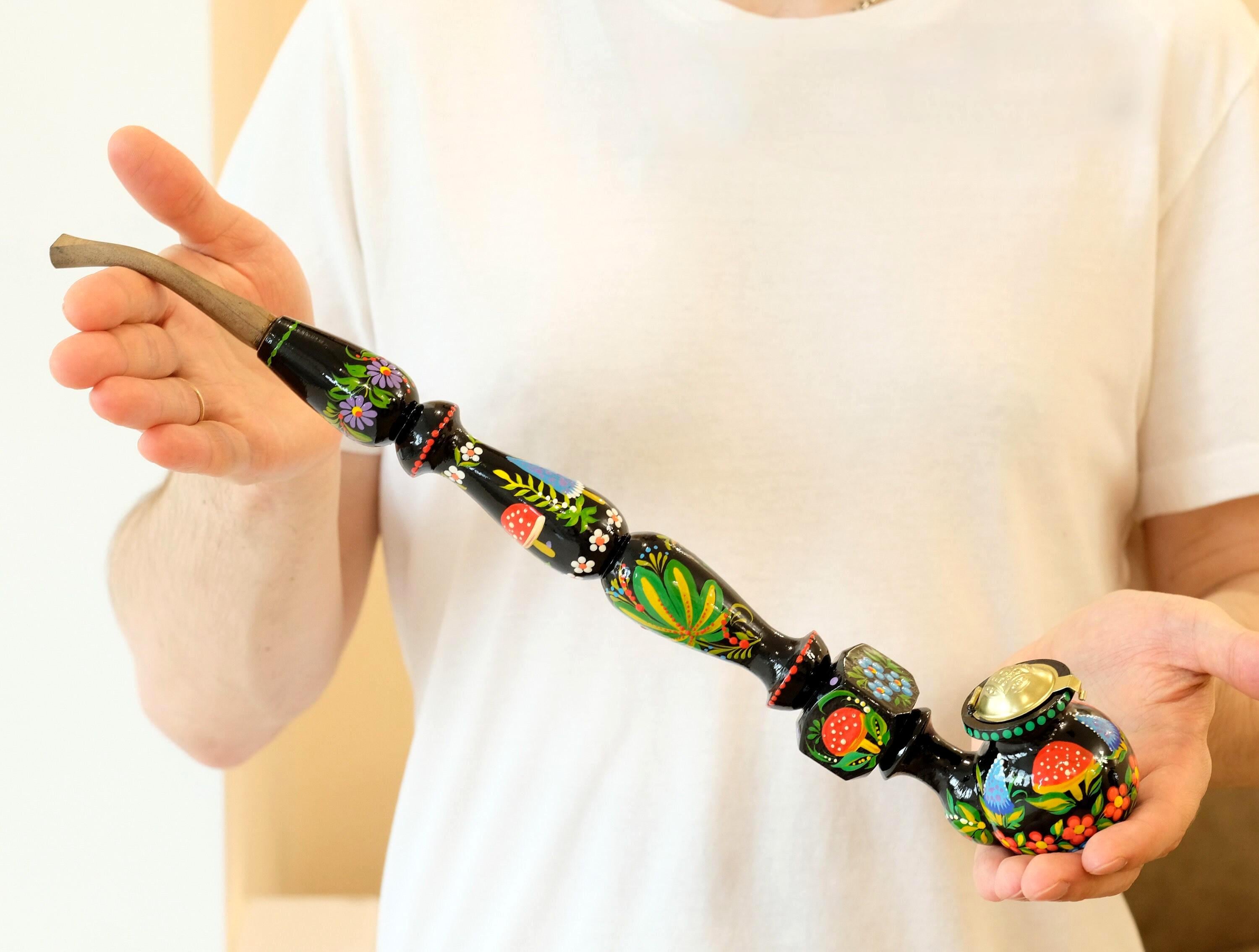 Extra Long Painted Wooden Smoking Pipe with Ukrainian Folk Art Petrykivka - Mushroom Tobacco Pipe with Lid