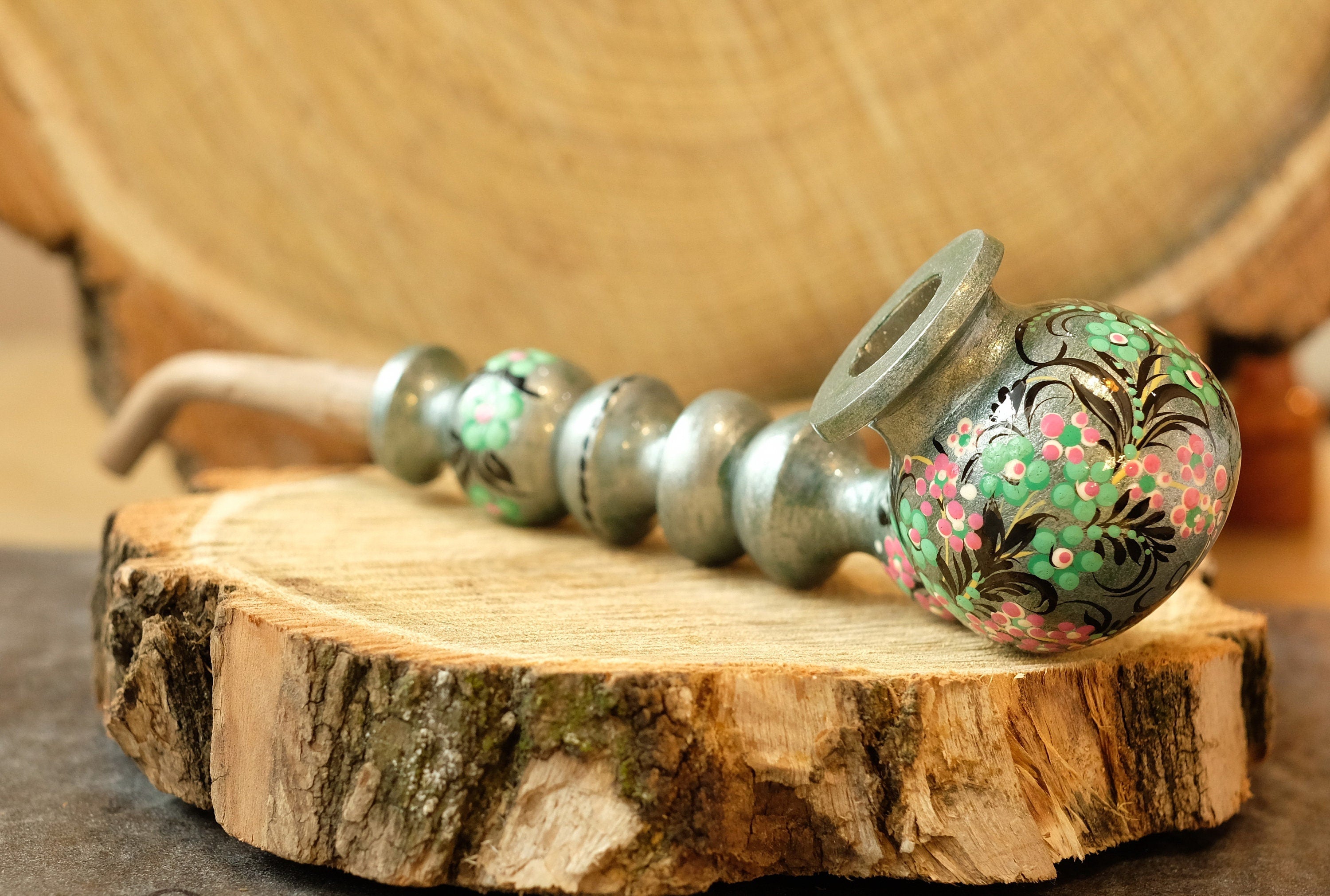 Painted Wooden Smoking Pipe with Ukrainian Folk Art Petrykivka - Flower Tobacco Pipe