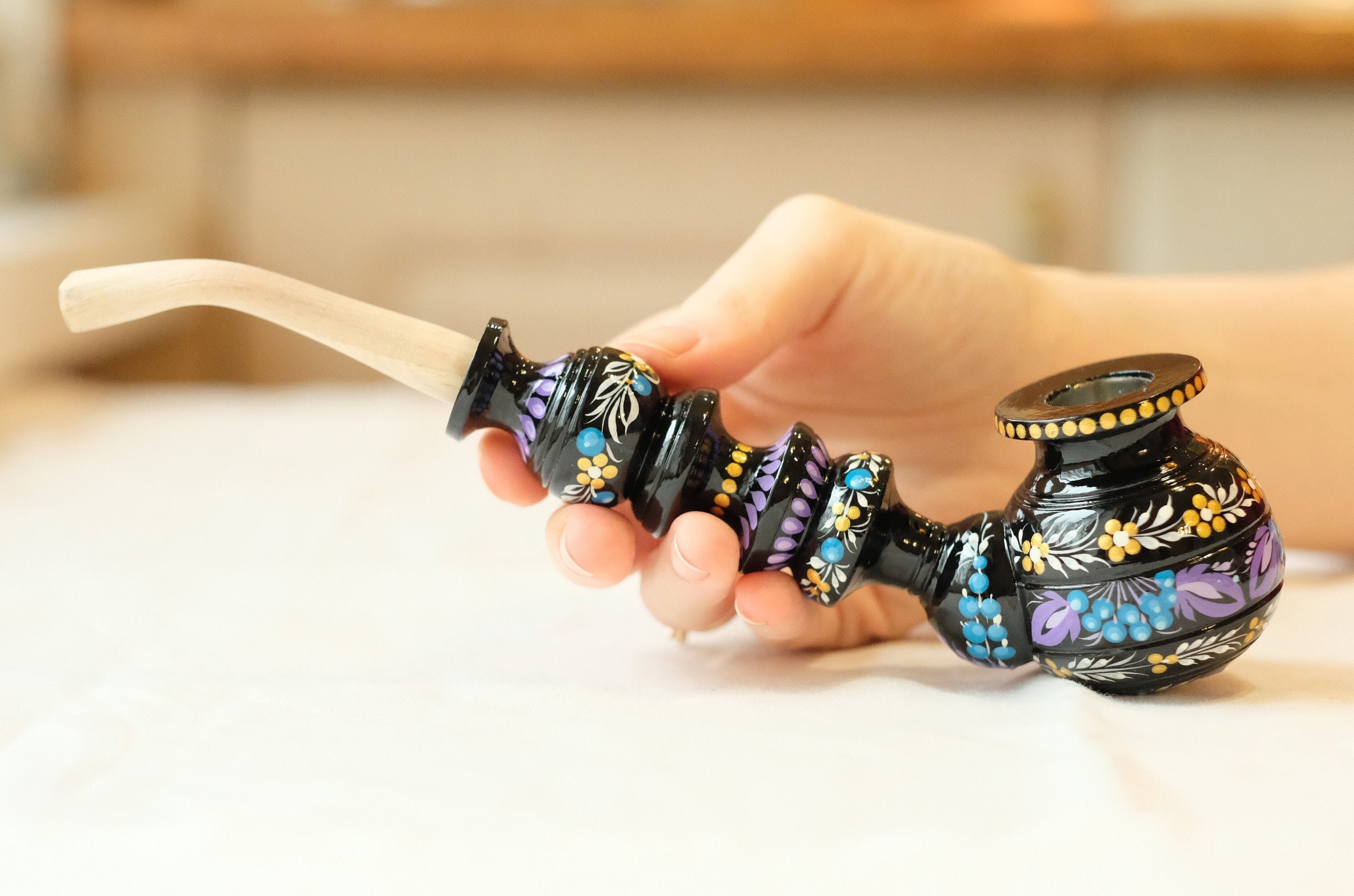 Long Wooden Smoking Pipe - Hand-painted Tobacco Pipe with Ukrainian Folk Art Petrykivka