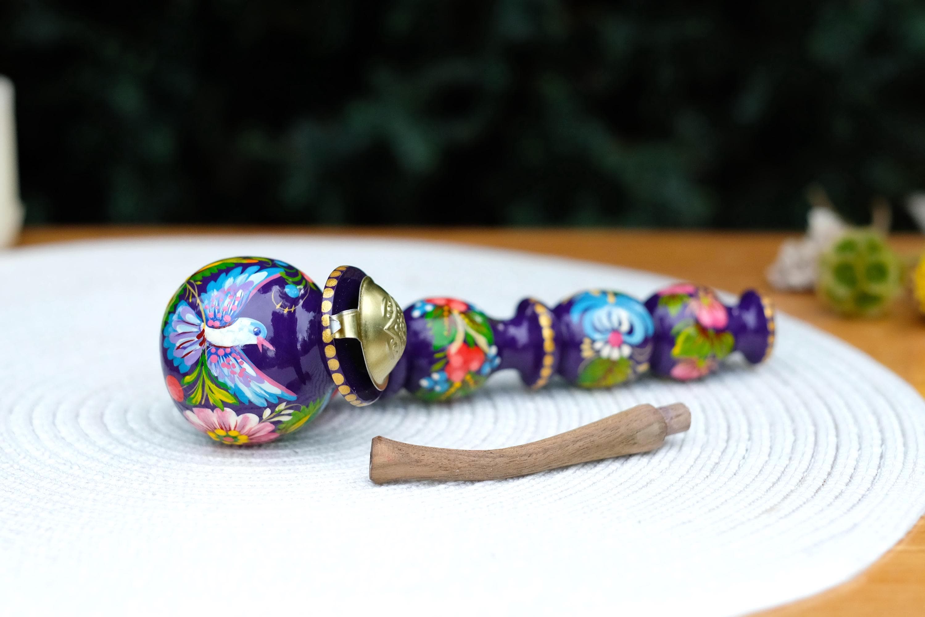 Long Wooden Smoking Pipe Painted with Dove - Ukrainian Folk Art Petrykivka, Purple Flower Tobacco Pipe