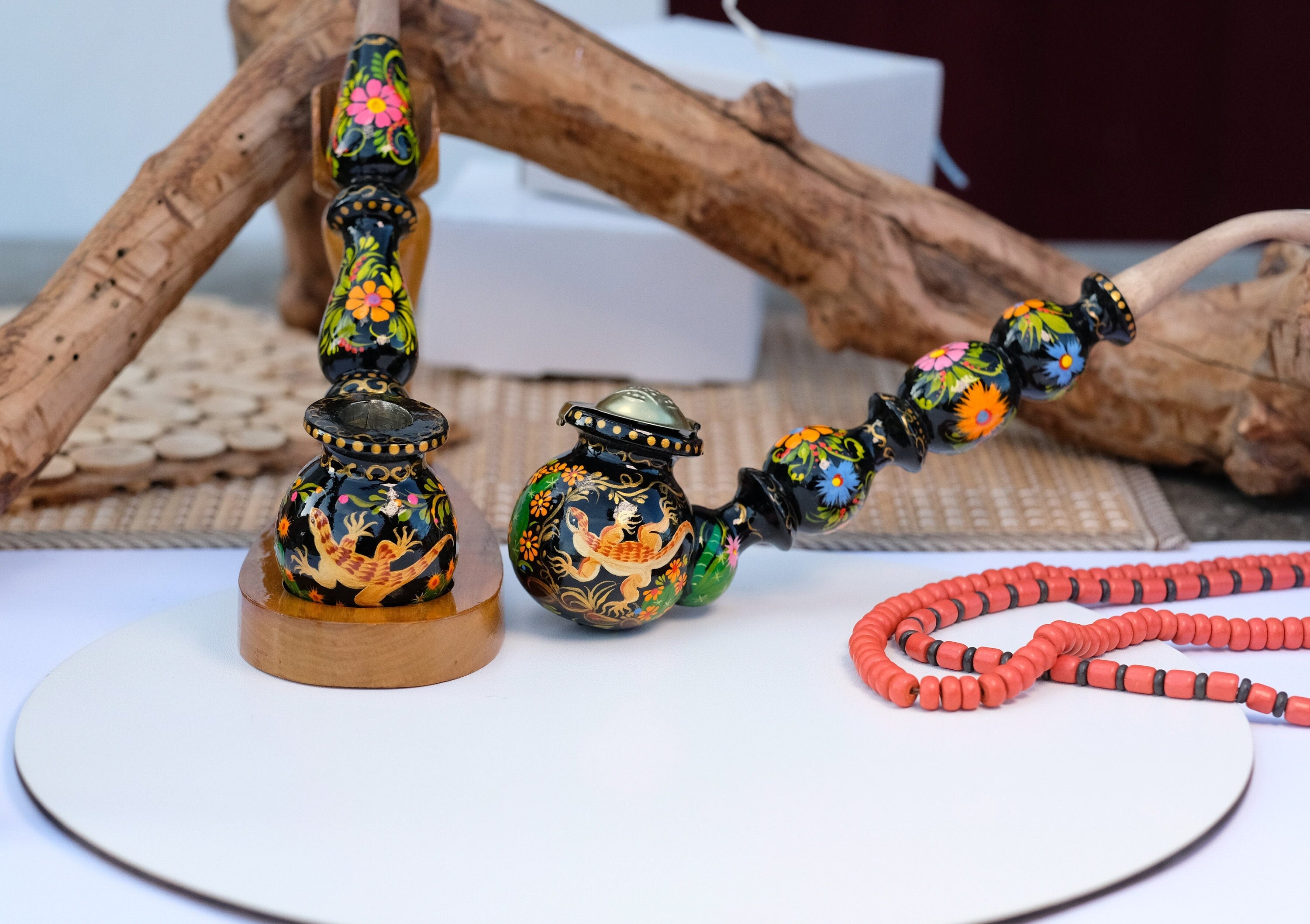 Long Wooden Tobacco Smoking Pipe with Painted Salamander & Cactus Blossom - Ukrainian Folk Art Petrykivka