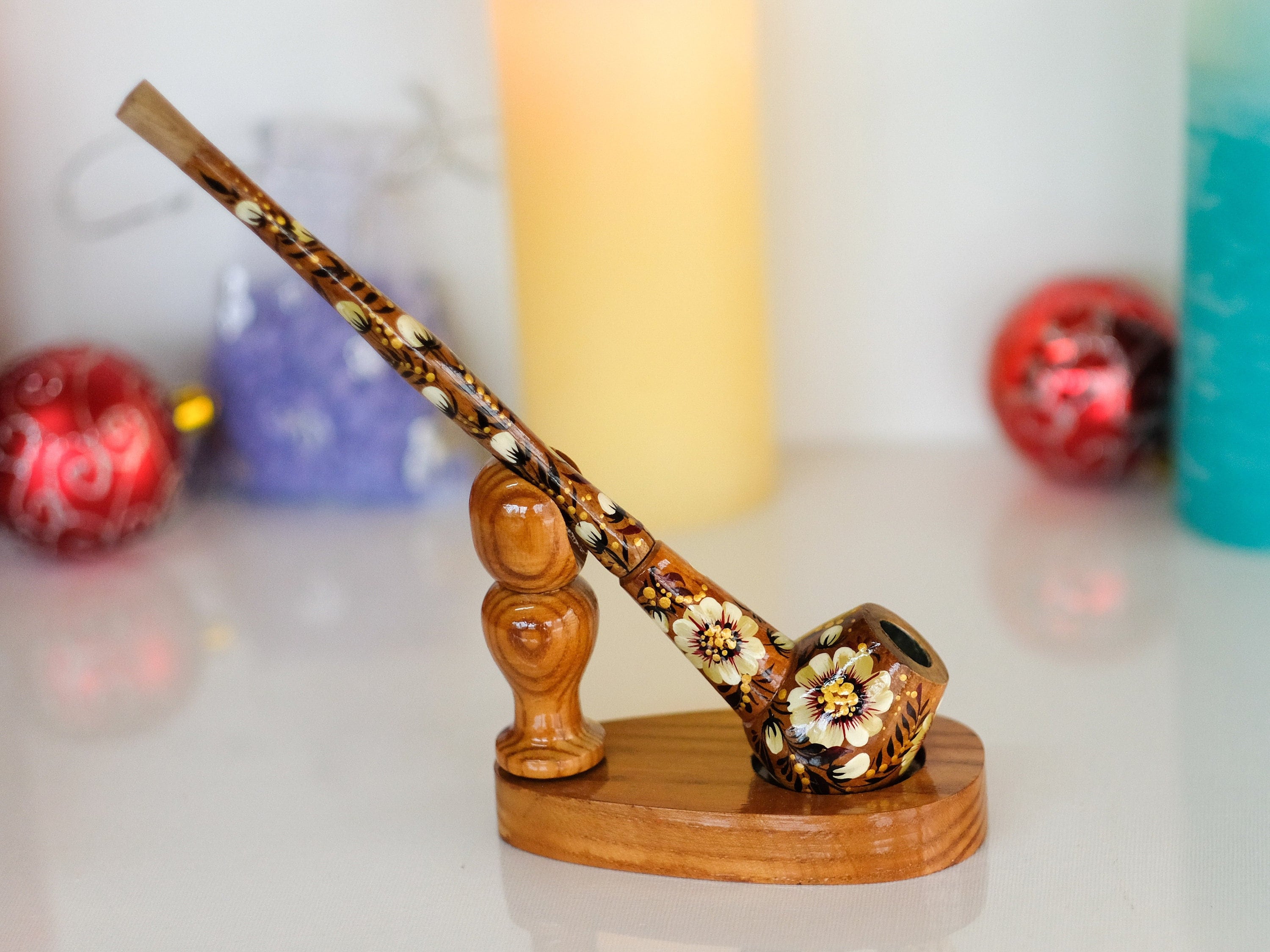 Painted Wooden Golden Smoking Pipe - Ukrainian Folk Art Petrykivka Tobacco Pipe