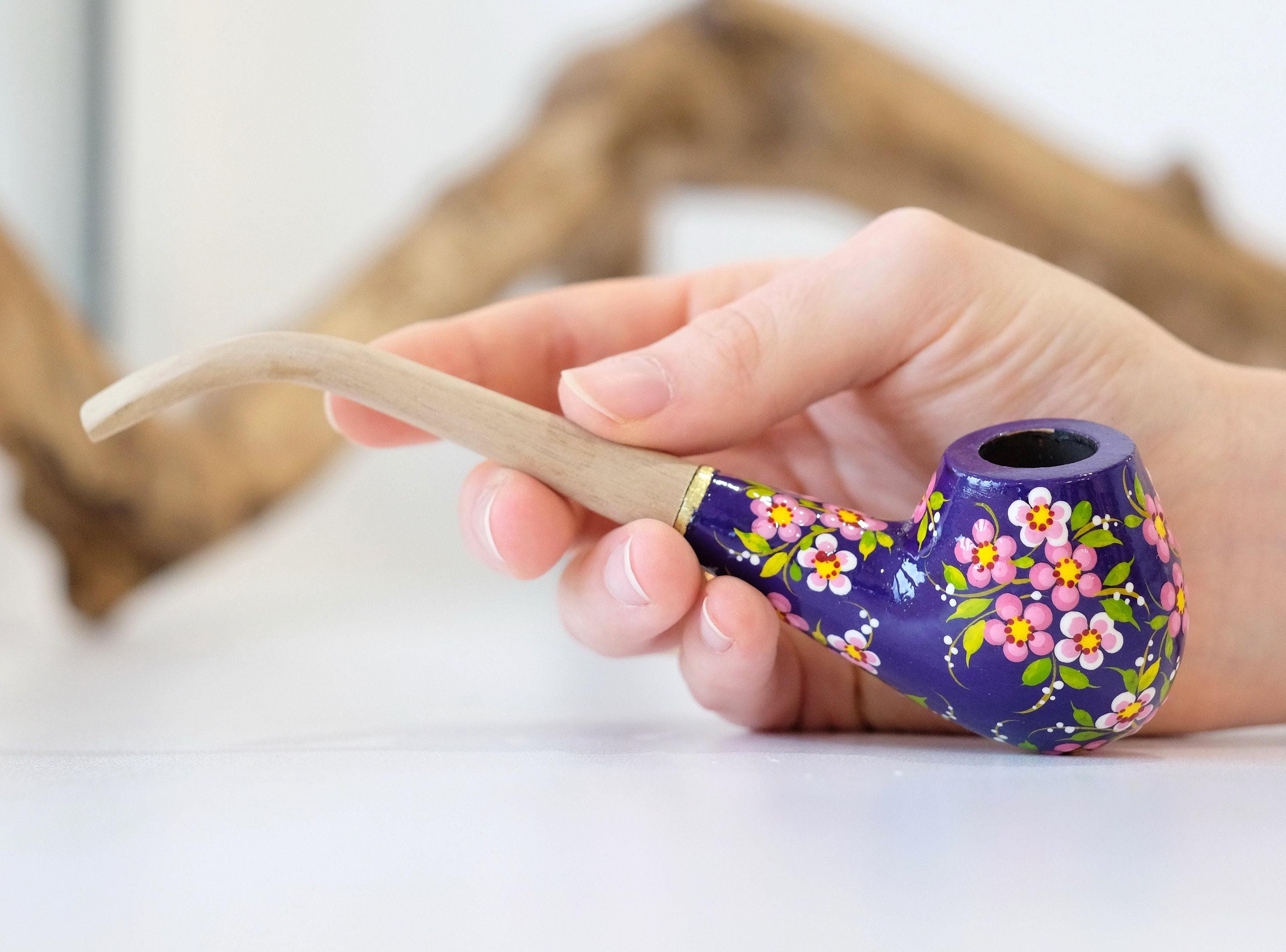 Painted Cherry Blossom Smoking Pipe - Ukrainian Wooden Tobacco Pipe