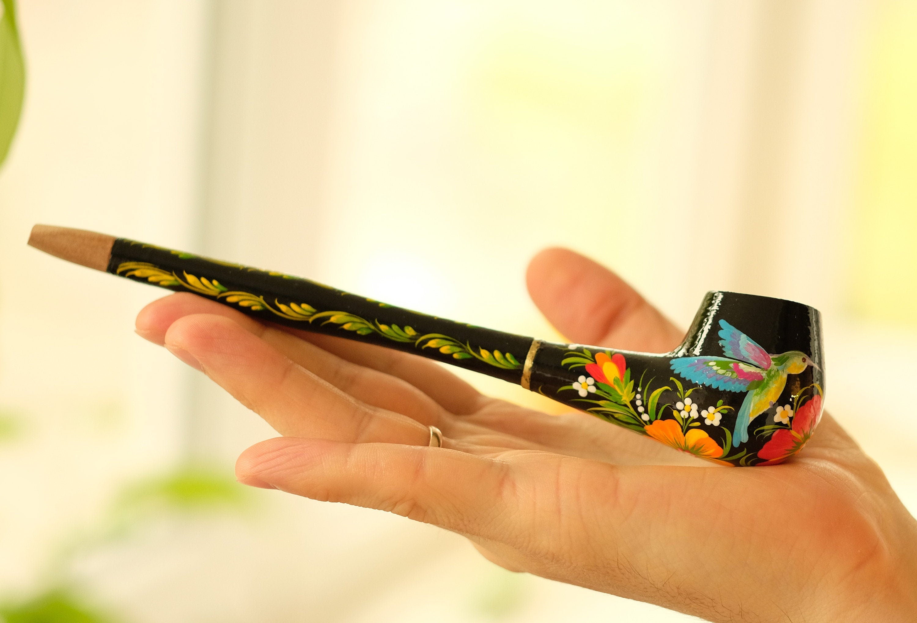Long Hummingbird Smoking Pipe - Ukrainian Folk Art Petrykivka - Painted Wooden Tobacco Pipe