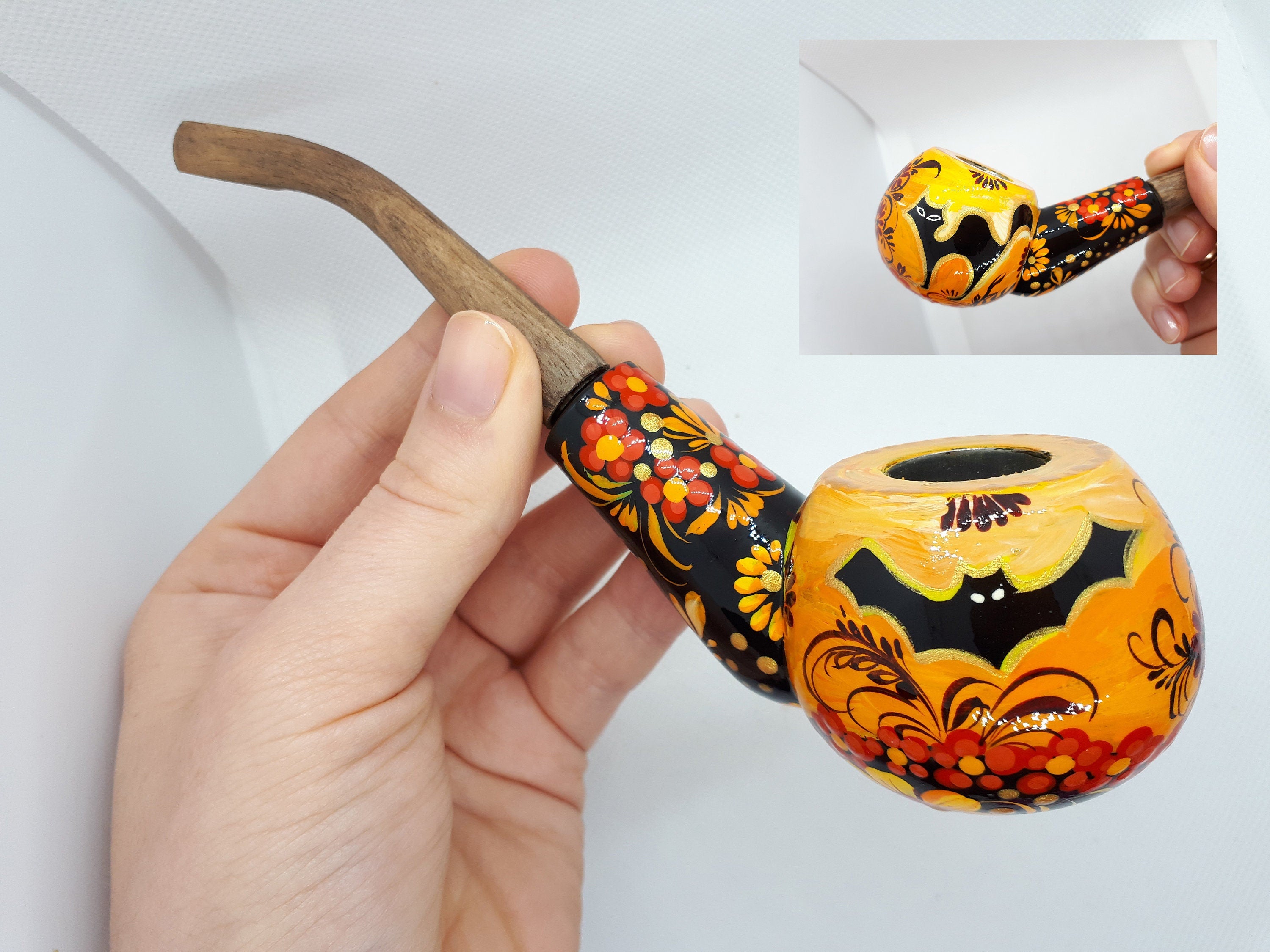 Painted Halloween smoking pipe - Wooden flying bat & Black cat tobacco pipe made in Ukraine