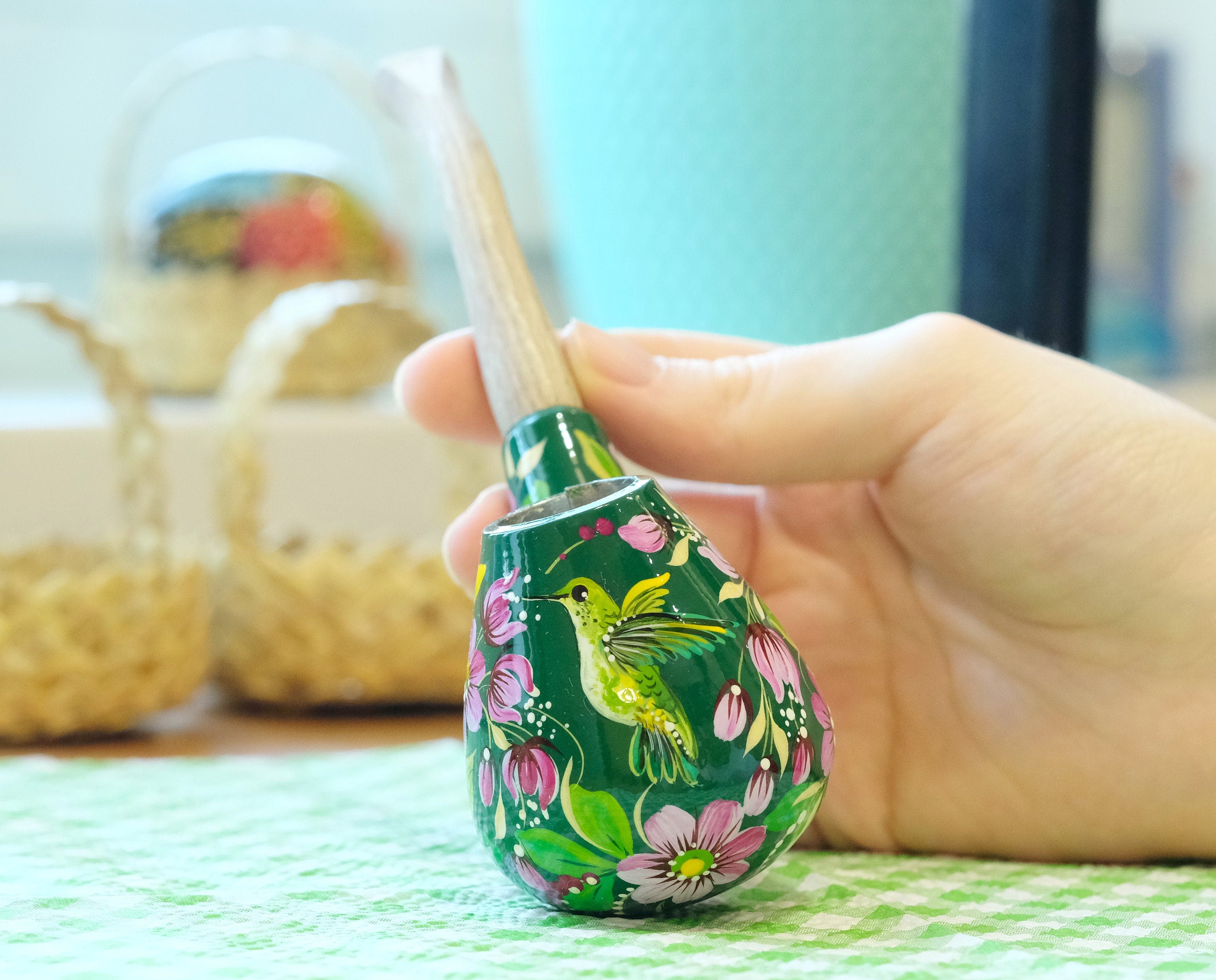 Wooden Smoking Pipe - Painted Green Hummingbird Tobaco Pipe with Ukrainian Folk Art Petrykivka