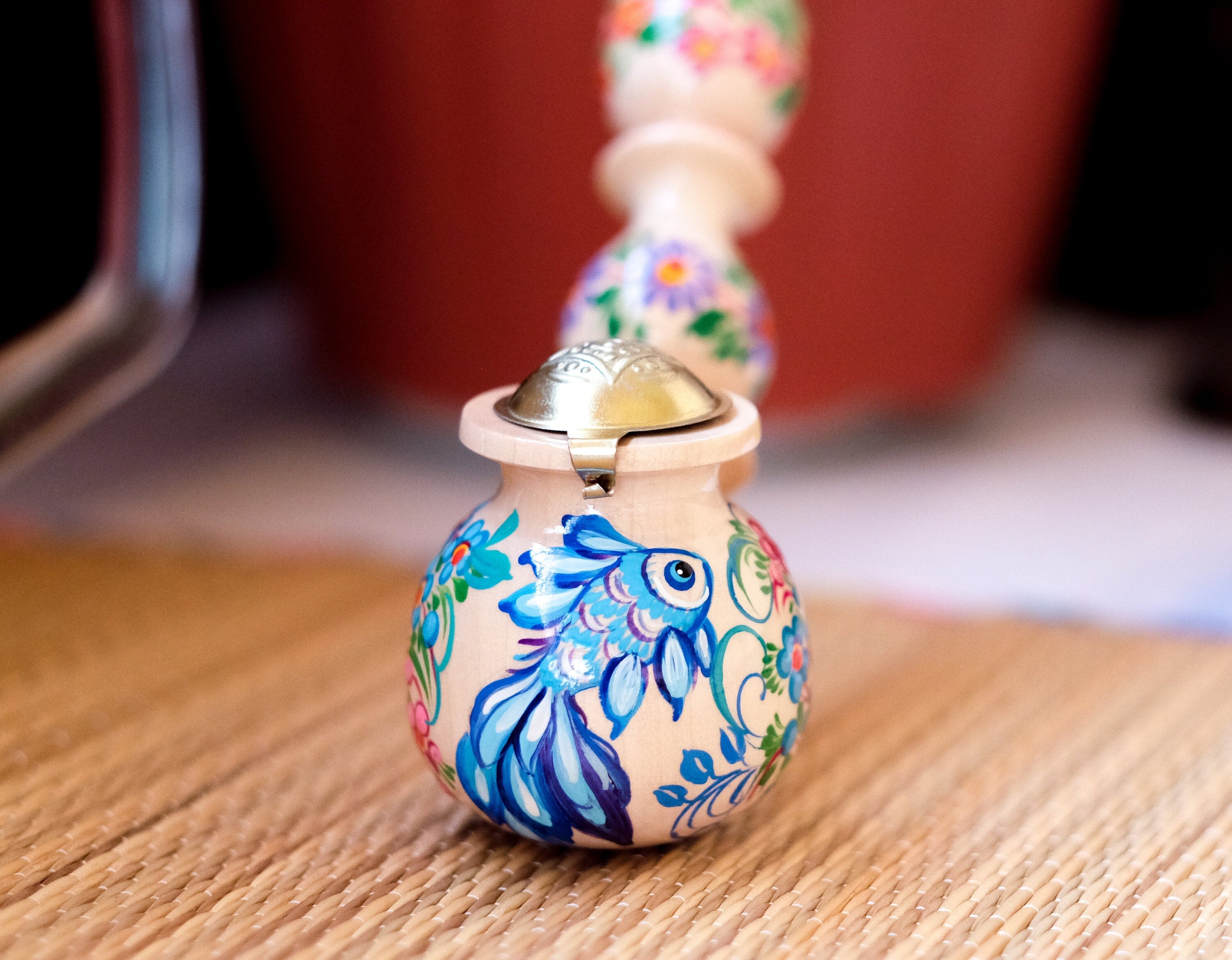 Long Wooden Fish Smoking Pipe - Hand-painted Tobacco Pipe with Ukrainian Folk Art Petrykivka