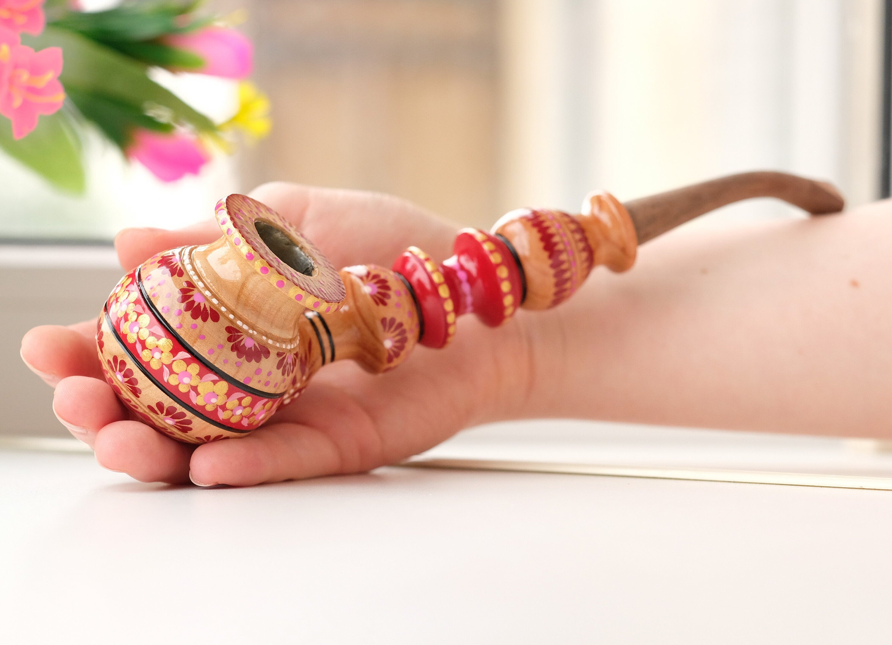 Painted Wooden Smoking Pipe with Ukrainian Folk Art Petrykivka - Red Flower Tobacco Pipe