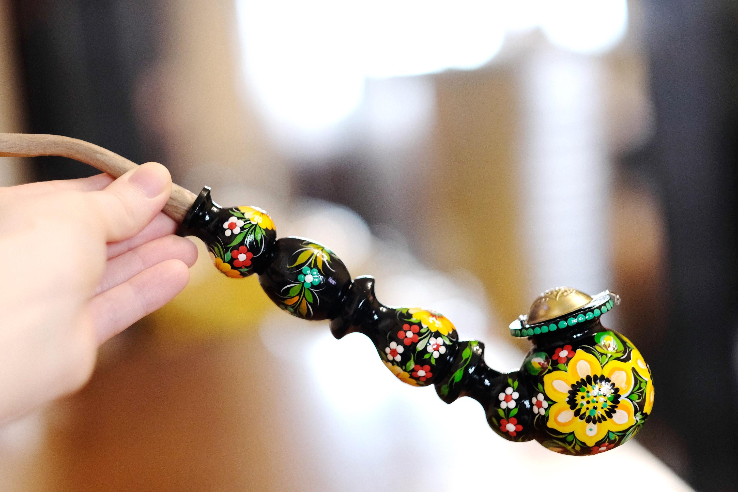 Painted Wooden Smoking Pipe with Lid - Long Sunflower Tobacco Pipe with Ukrainian Folk Art Petrykivka