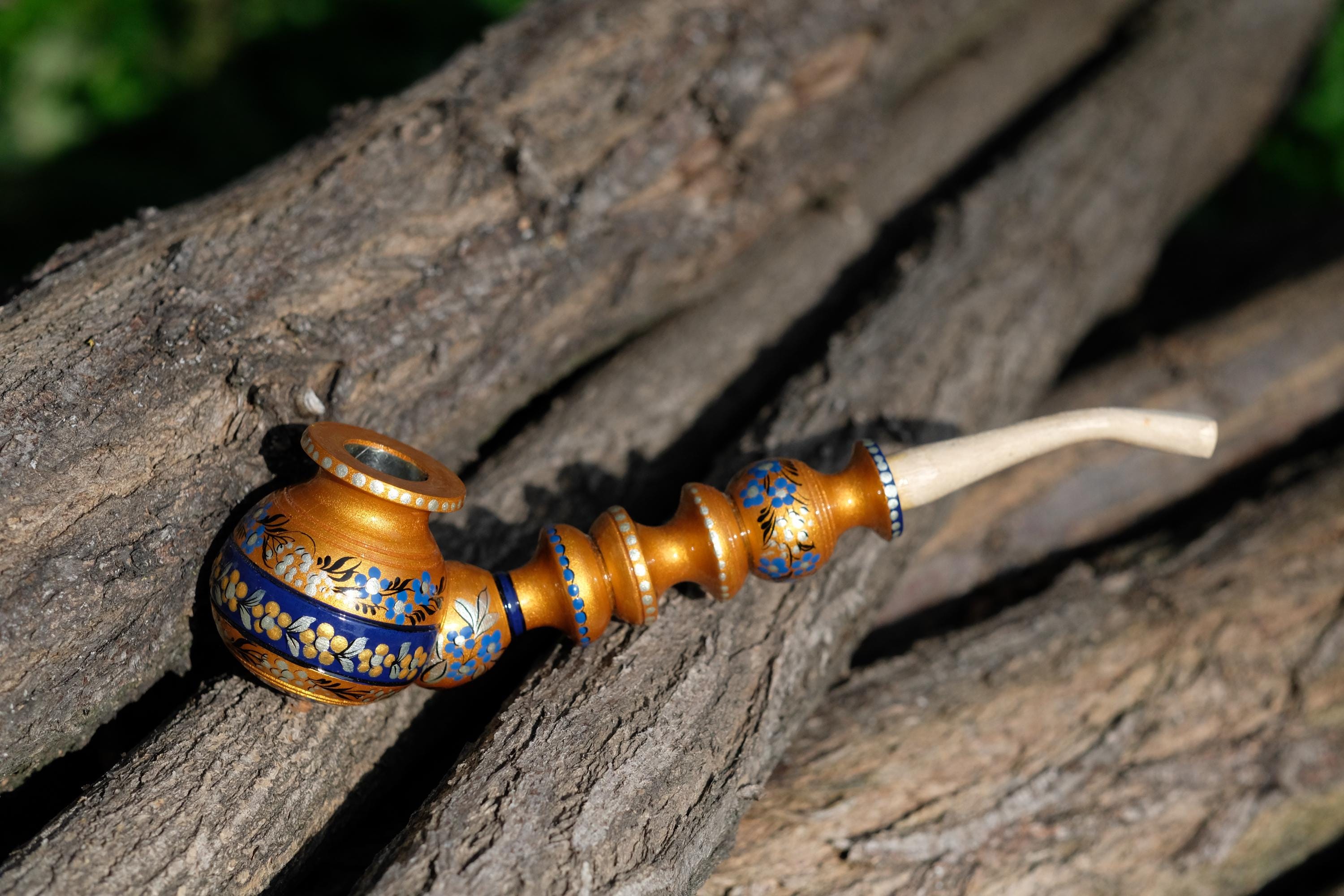 Painted Wooden Tobacco Smoking Pipe - Handmade with Ukrainian Folk Art Petrykivka