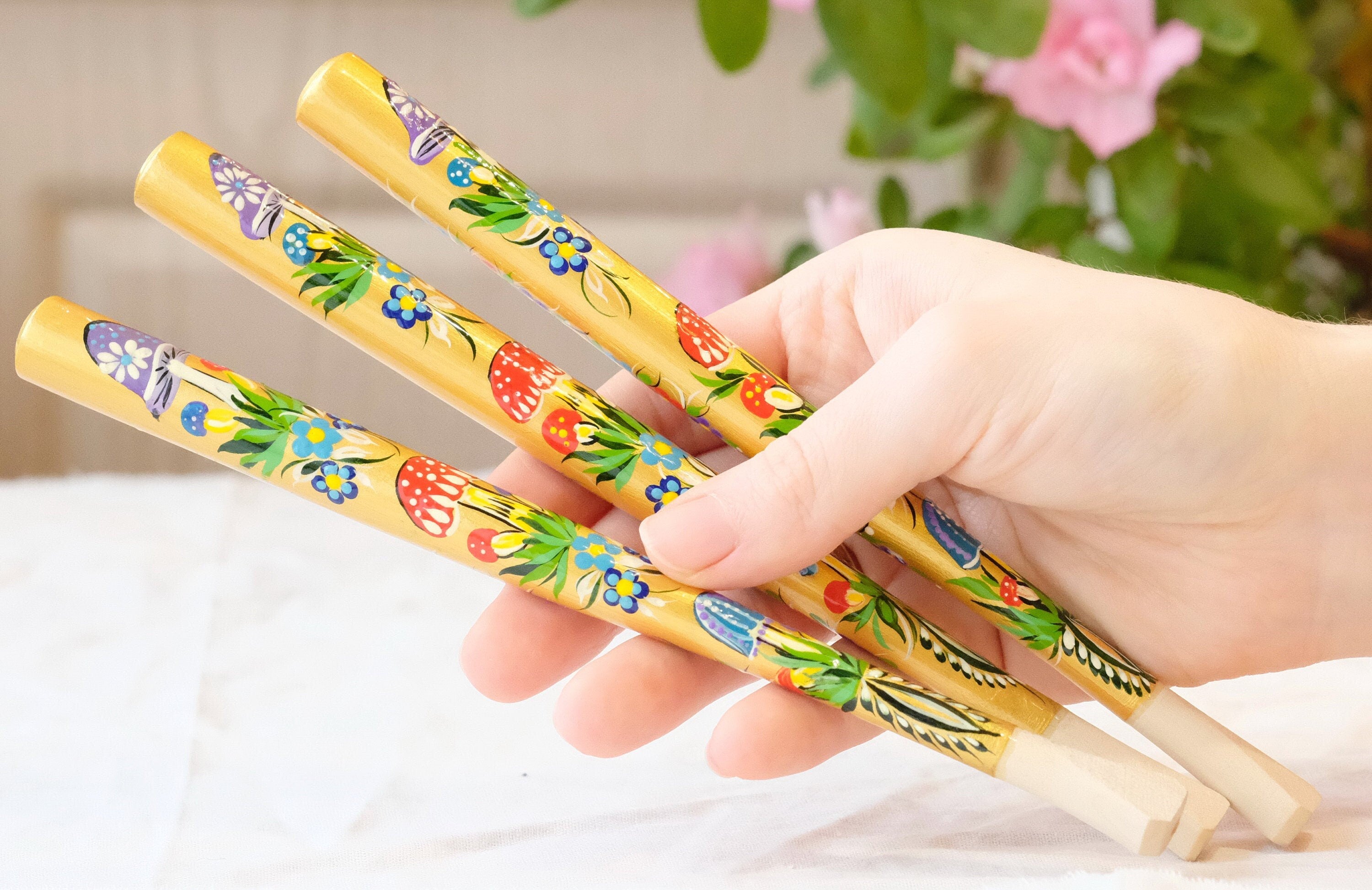 Long Regular Cigarette Holder - Painted Wooden Mushroom Cigarette Holder with Ukrainian Folk Art Petrykivka
