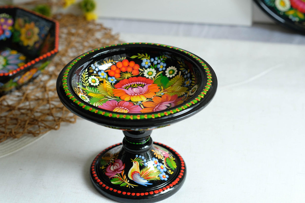 Hand-painted wooden pedestal bowl - Fairy bird Petrykivka candy bowl, Ukrainian decorative bowl for candies, keys, jewelry, décor