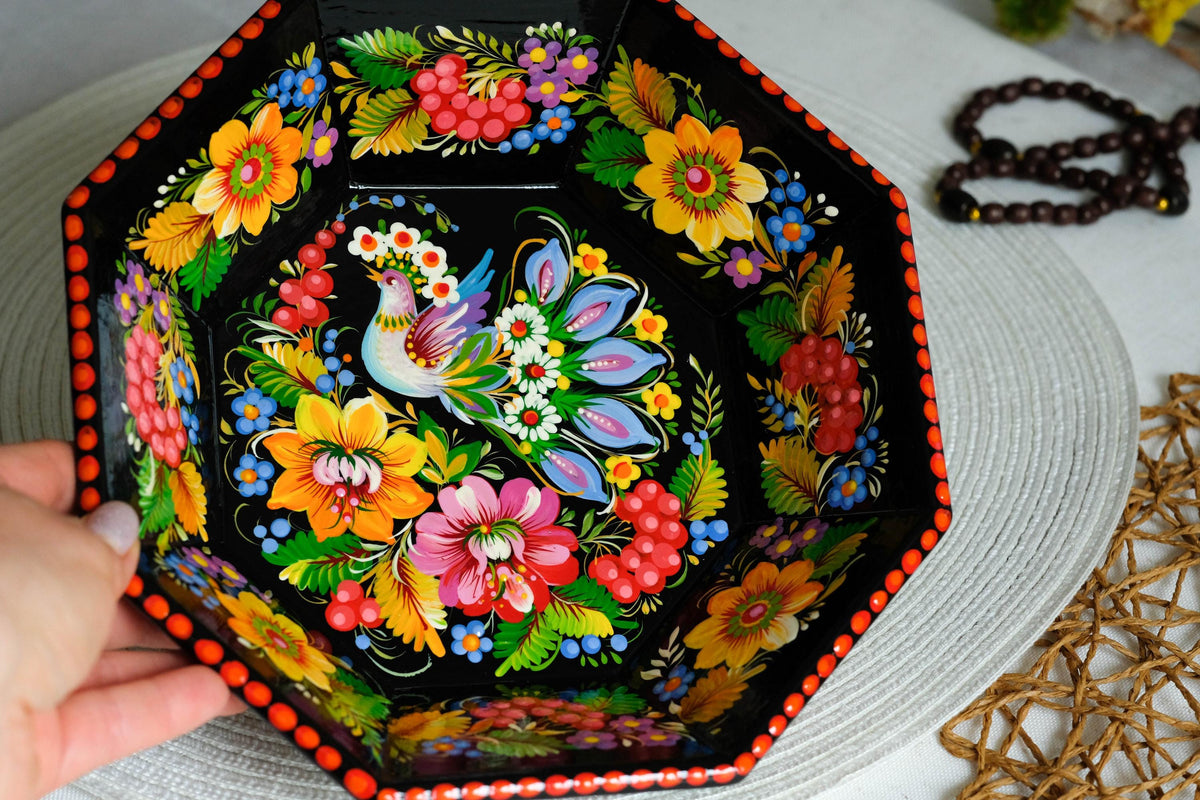 Hand-Painted Petrykivka Wooden Candy Bowl, Ukrainian Folk Art with Fairy Bird & Sunflowers