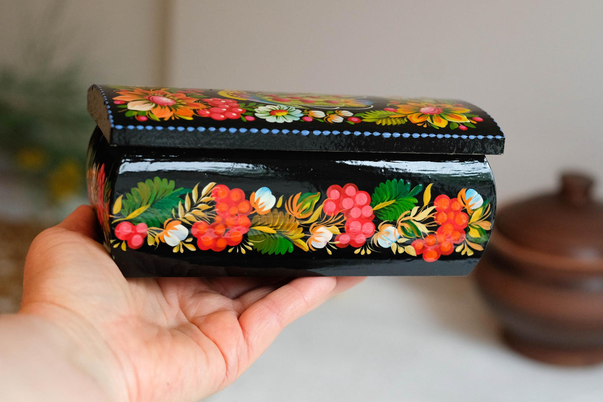 Painted Wooden Firebird Jewelry Box 6.3" - Ukrainian Traditional Petrykivka Folk Art