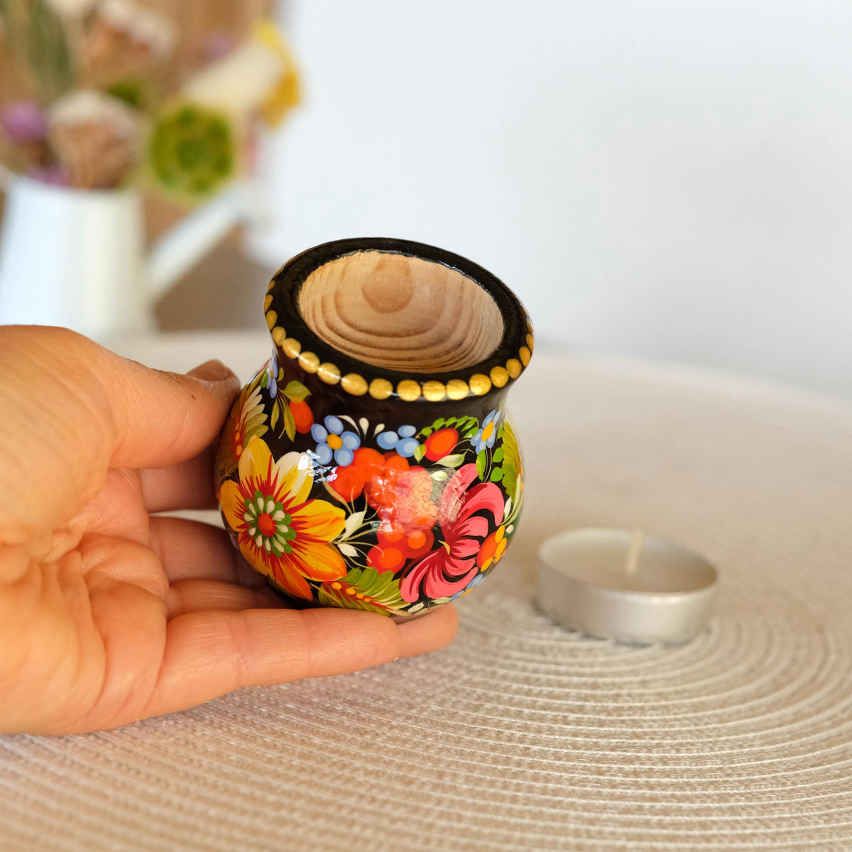 Hand-Painted Petrykivka Sunflower Tea Light Holder, Ukrainian Folk Art Candle Holder