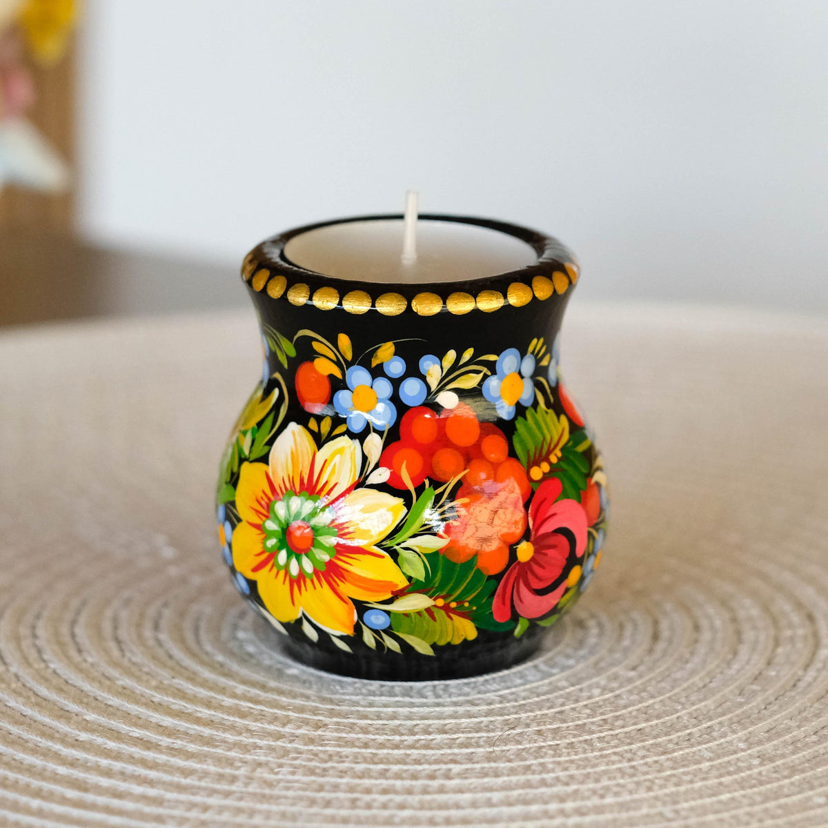 Hand-Painted Petrykivka Sunflower Tea Light Holder, Ukrainian Folk Art Candle Holder