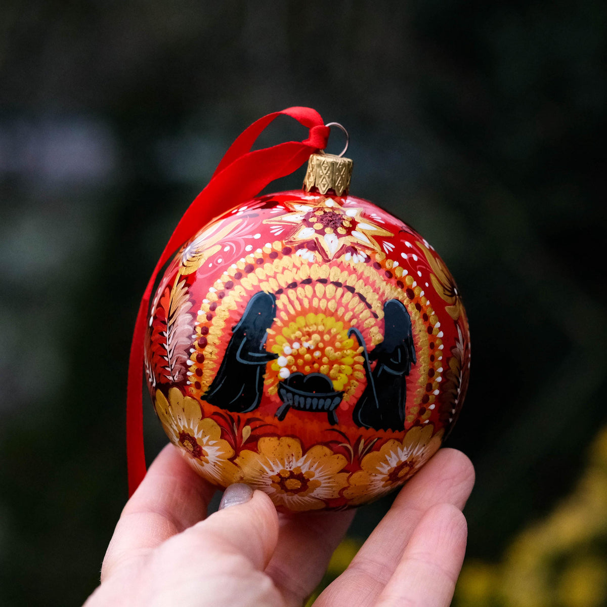 Hand-painted Nativity scene ornament - Ukrainian Folk Art Petrykivka Christmas ball, Red flower bauble ornament