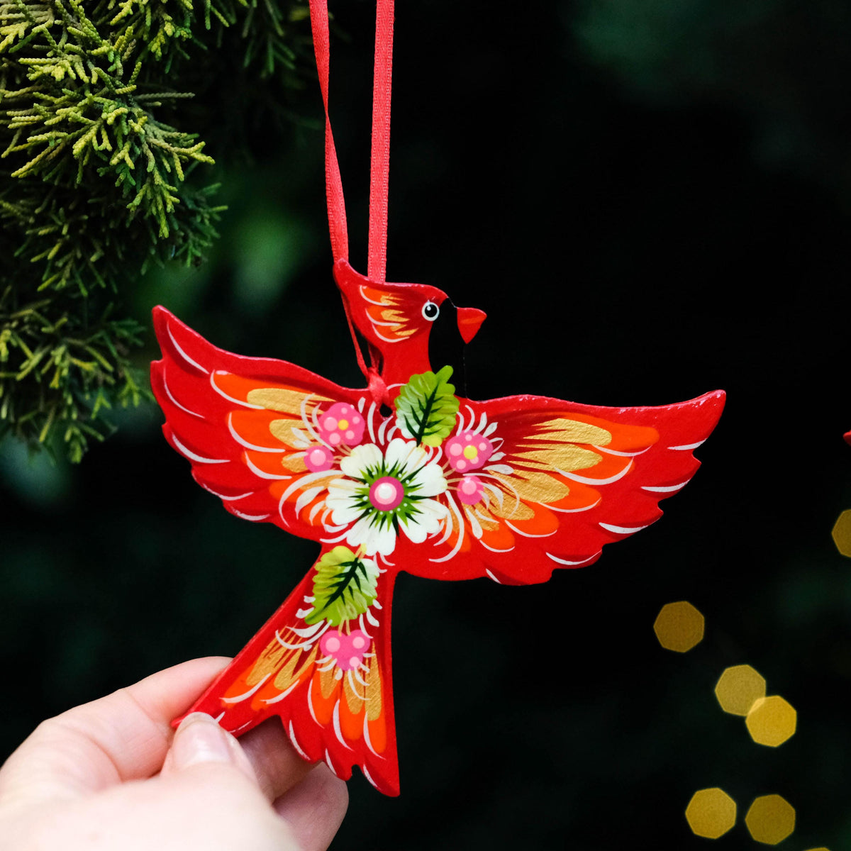 Painted Wooden Cardinal Ornament - Petrykivka Folk Art, Ukrainian Bird Christmas Decoration